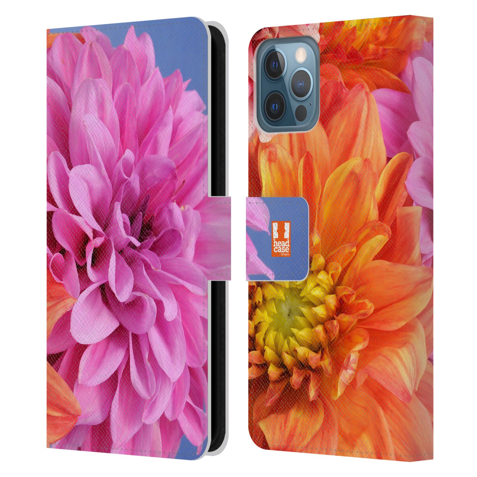 HEAD CASE Flipové pouzdro pro mobil Apple Iphone 12 / Iphone 12 PRO květy foto Jiřinka růžová a oranžová