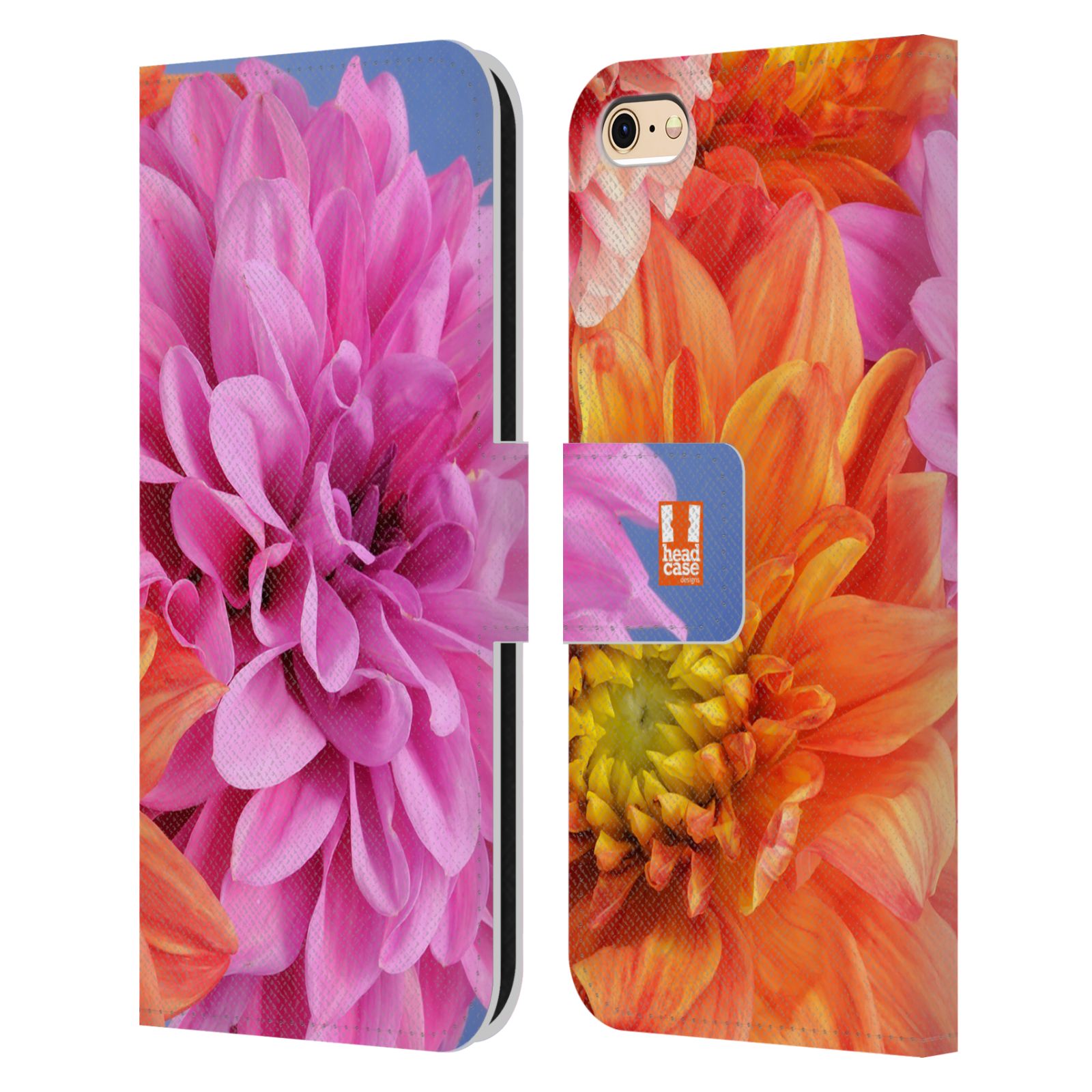 HEAD CASE Flipové pouzdro pro mobil Apple Iphone 6/6s květy foto Jiřinka růžová a oranžová