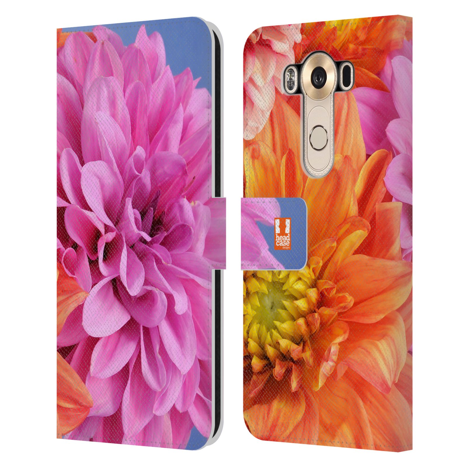 HEAD CASE Flipové pouzdro pro mobil LG V10 květy foto Jiřinka růžová a oranžová