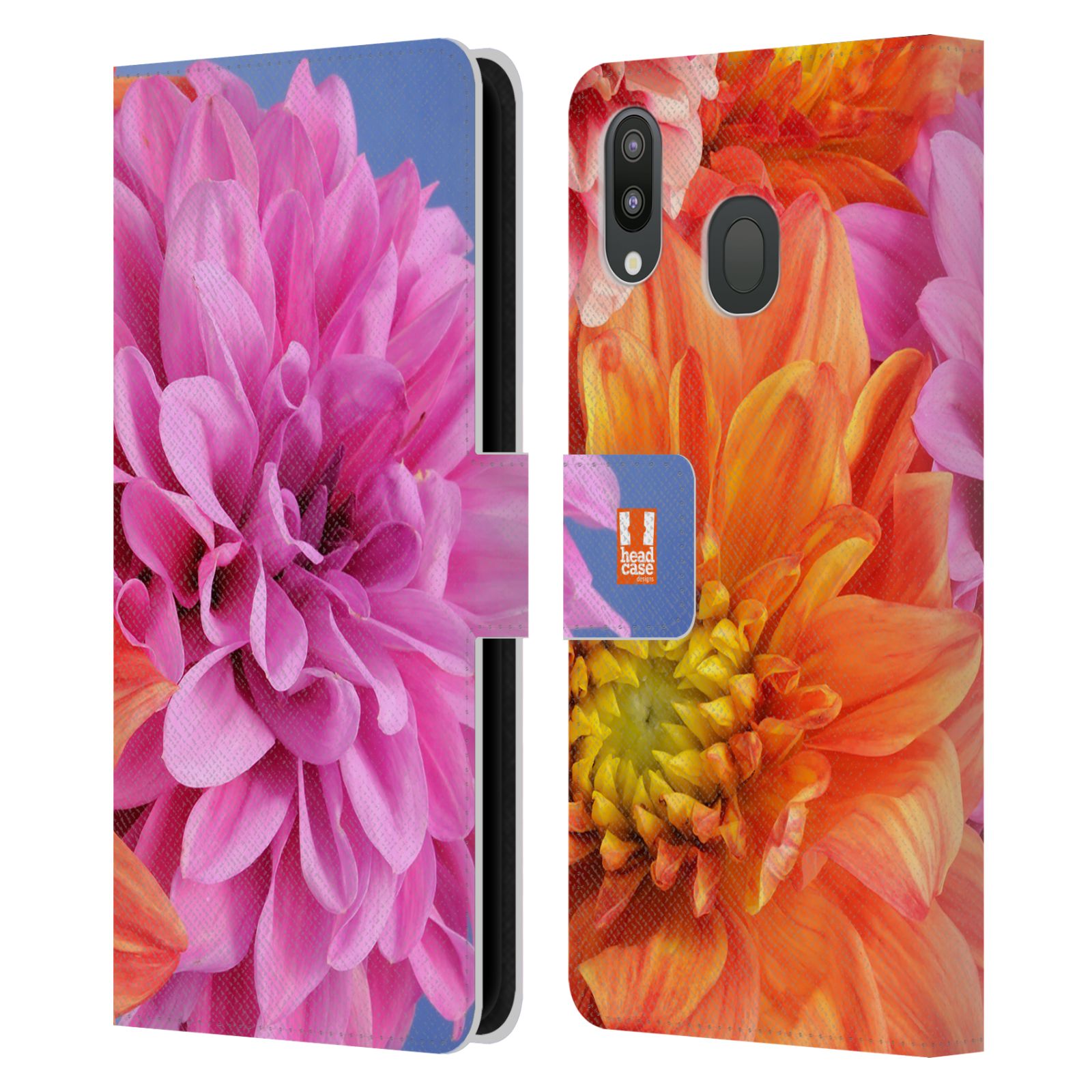 Pouzdro na mobil Samsung Galaxy M20 květy foto Jiřinka růžová a oranžová