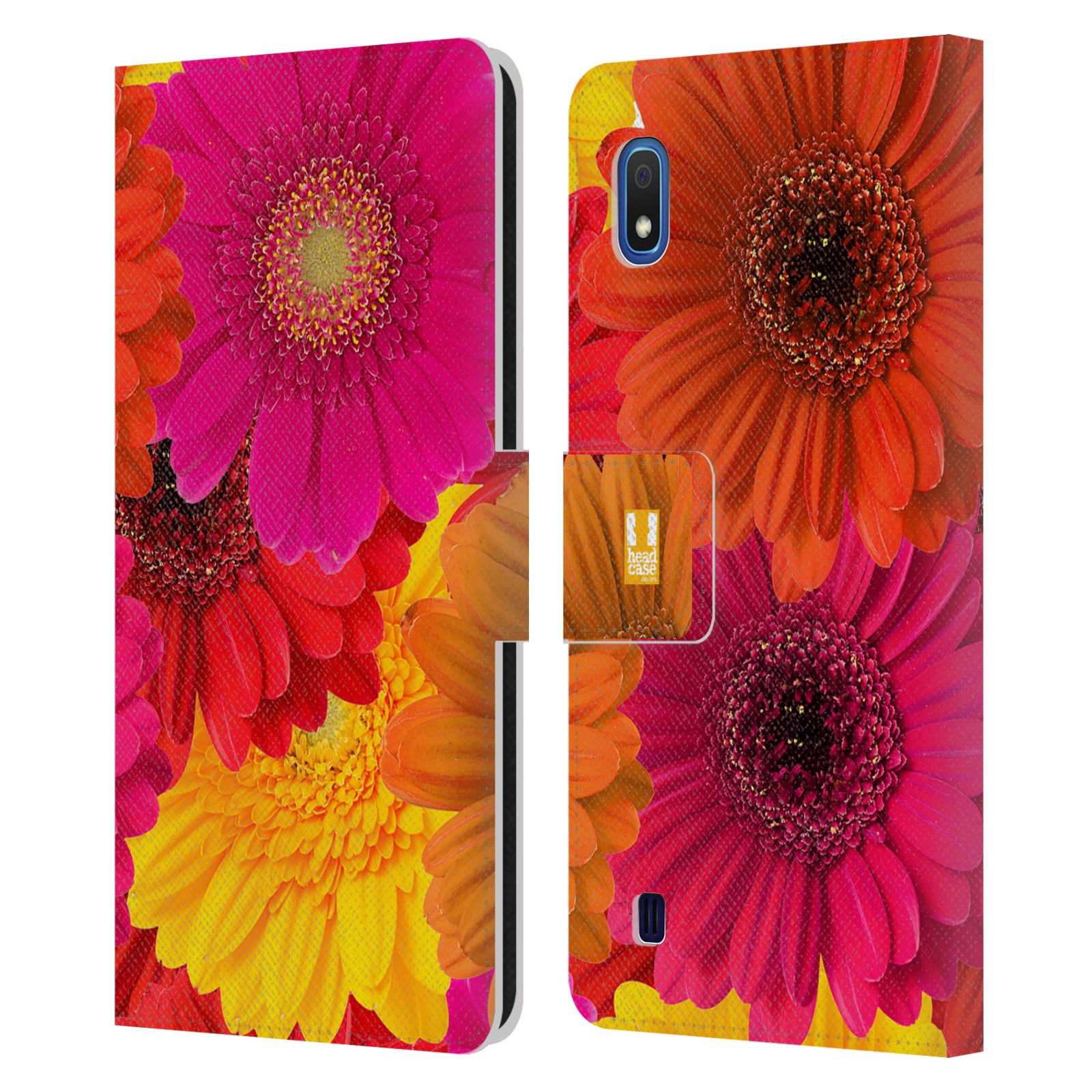 Pouzdro na mobil Samsung Galaxy A10 květy foto fialová, oranžová GERBERA