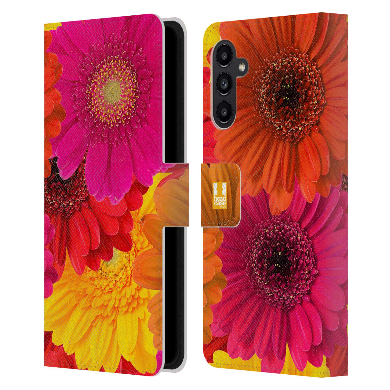 Pouzdro HEAD CASE na mobil Samsung Galaxy A13 5G květy foto fialová, oranžová GERBERA