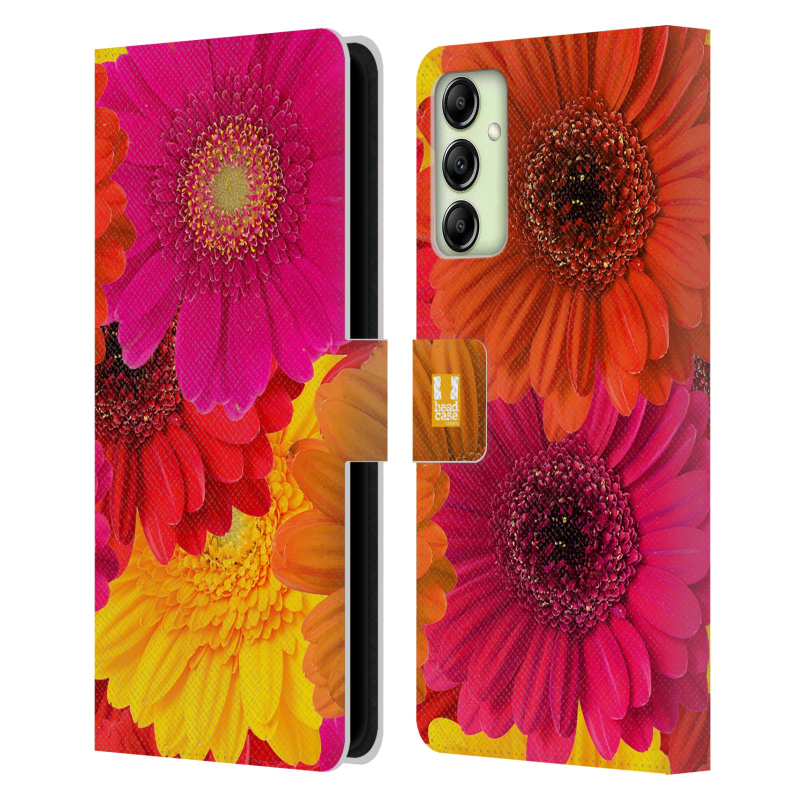 Pouzdro HEAD CASE na mobil Samsung Galaxy A14 květy foto fialová, oranžová GERBERA