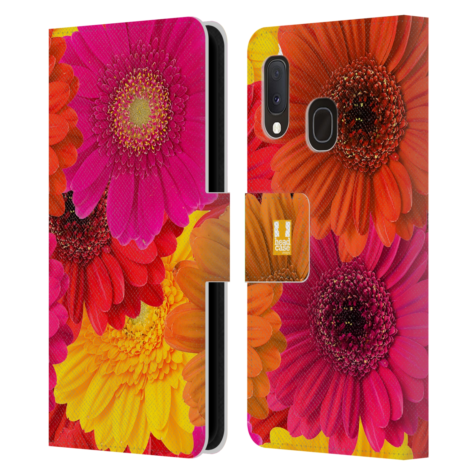 Pouzdro na mobil Samsung Galaxy A20e květy foto fialová, oranžová GERBERA