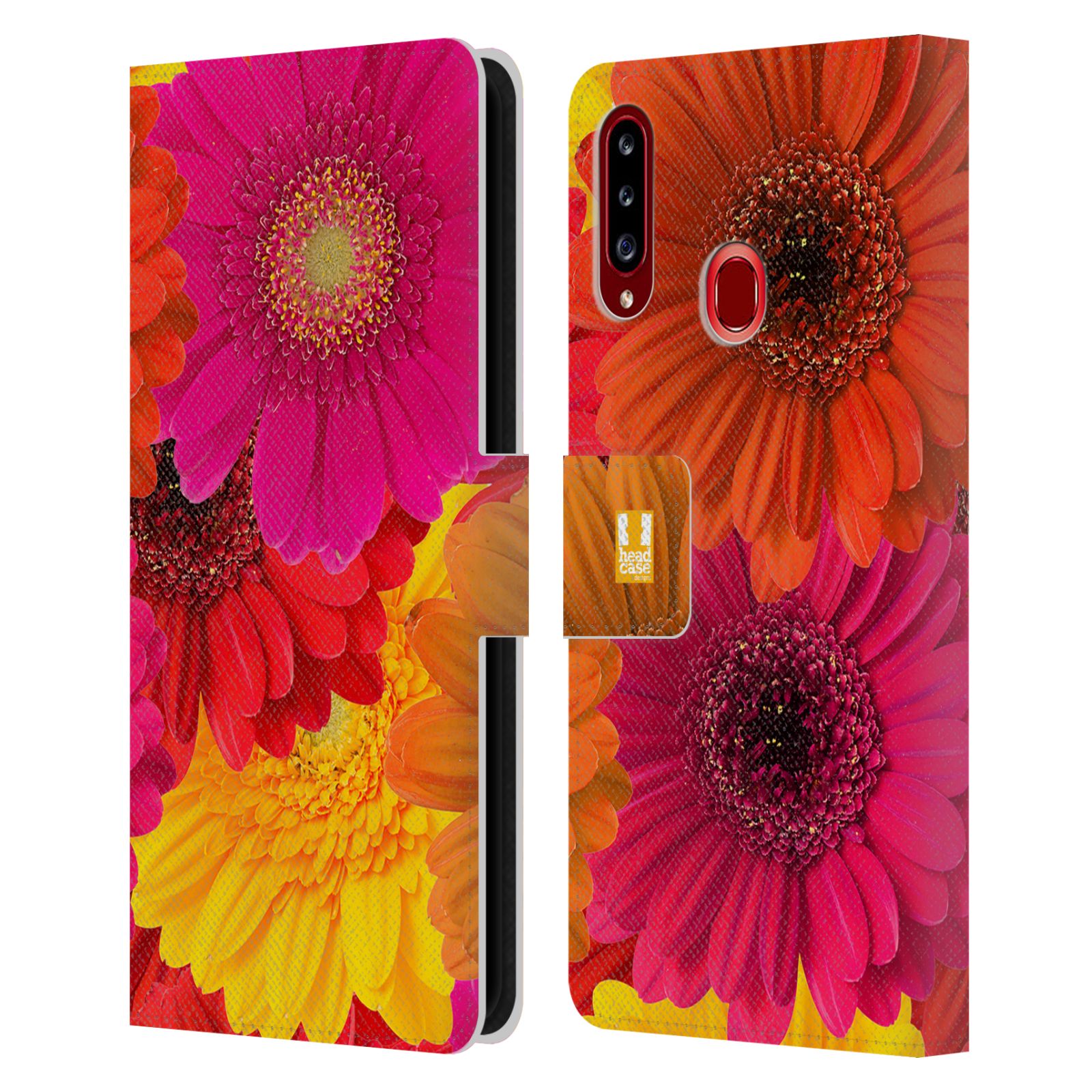 HEAD CASE Flipové pouzdro pro mobil Samsung Galaxy A20s květy foto fialová, oranžová GERBERA