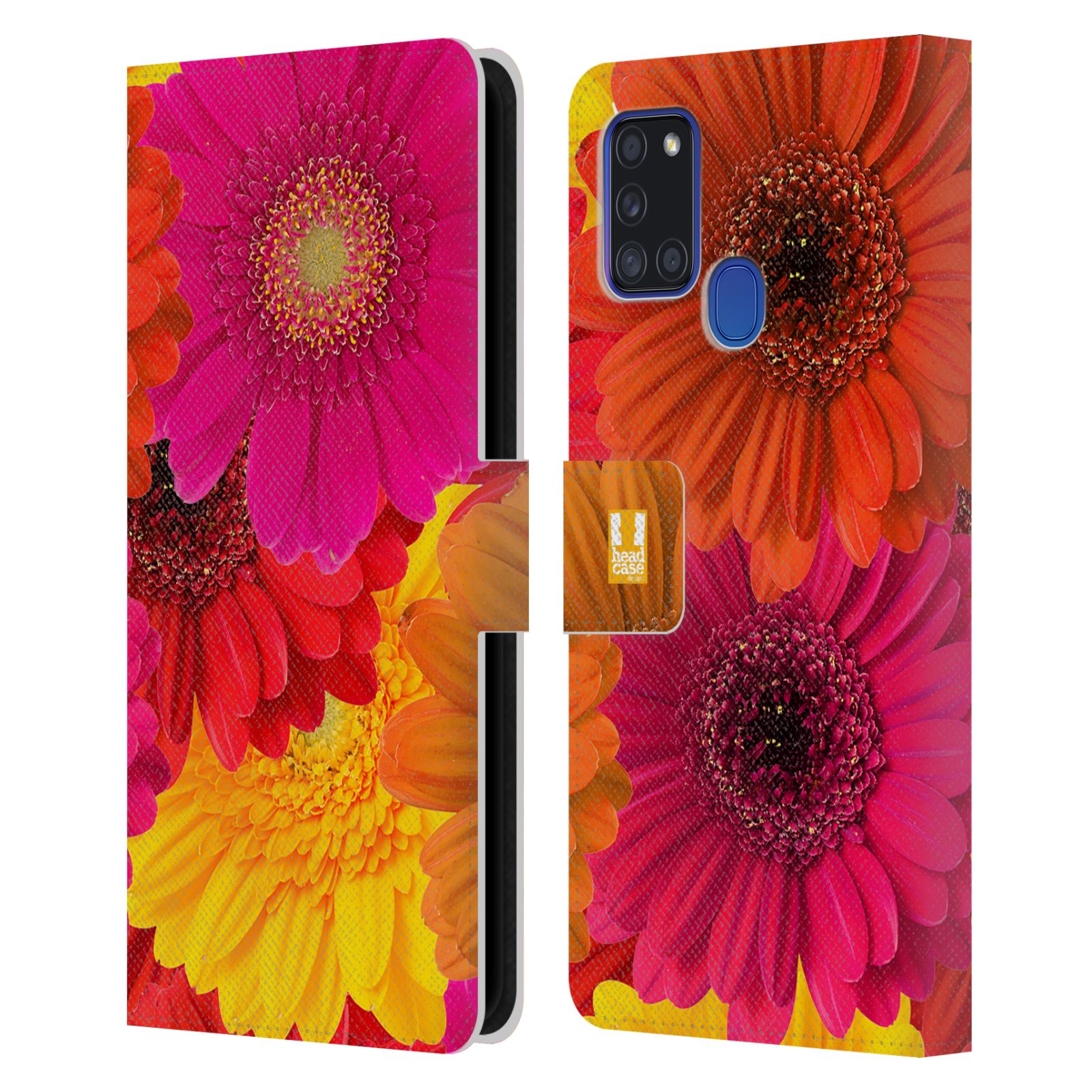 HEAD CASE Flipové pouzdro pro mobil Samsung Galaxy A21s květy foto fialová, oranžová GERBERA