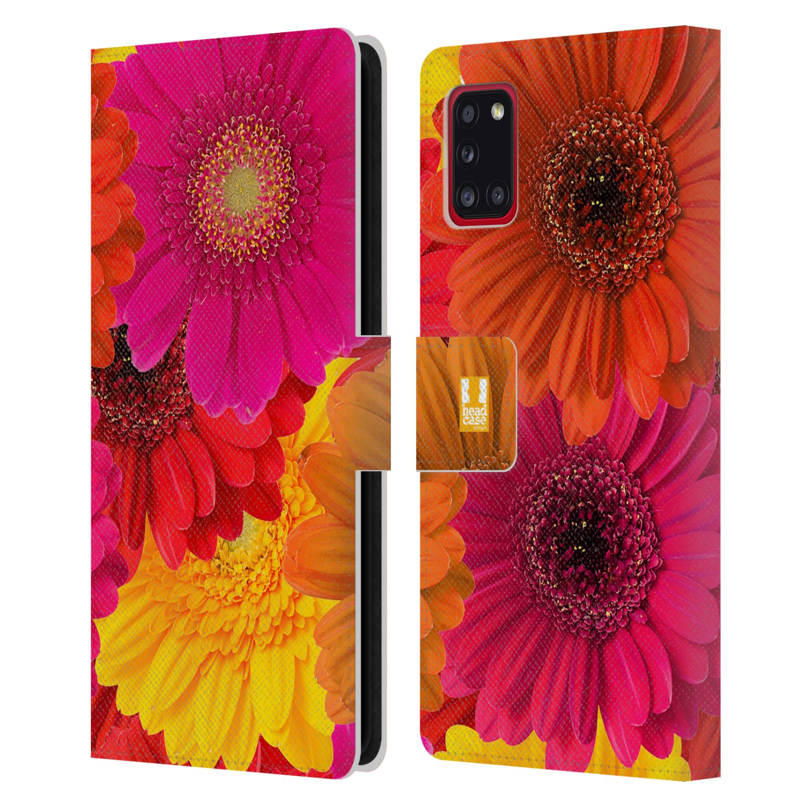 Pouzdro HEAD CASE na mobil Samsung Galaxy A31 květy foto fialová, oranžová GERBERA