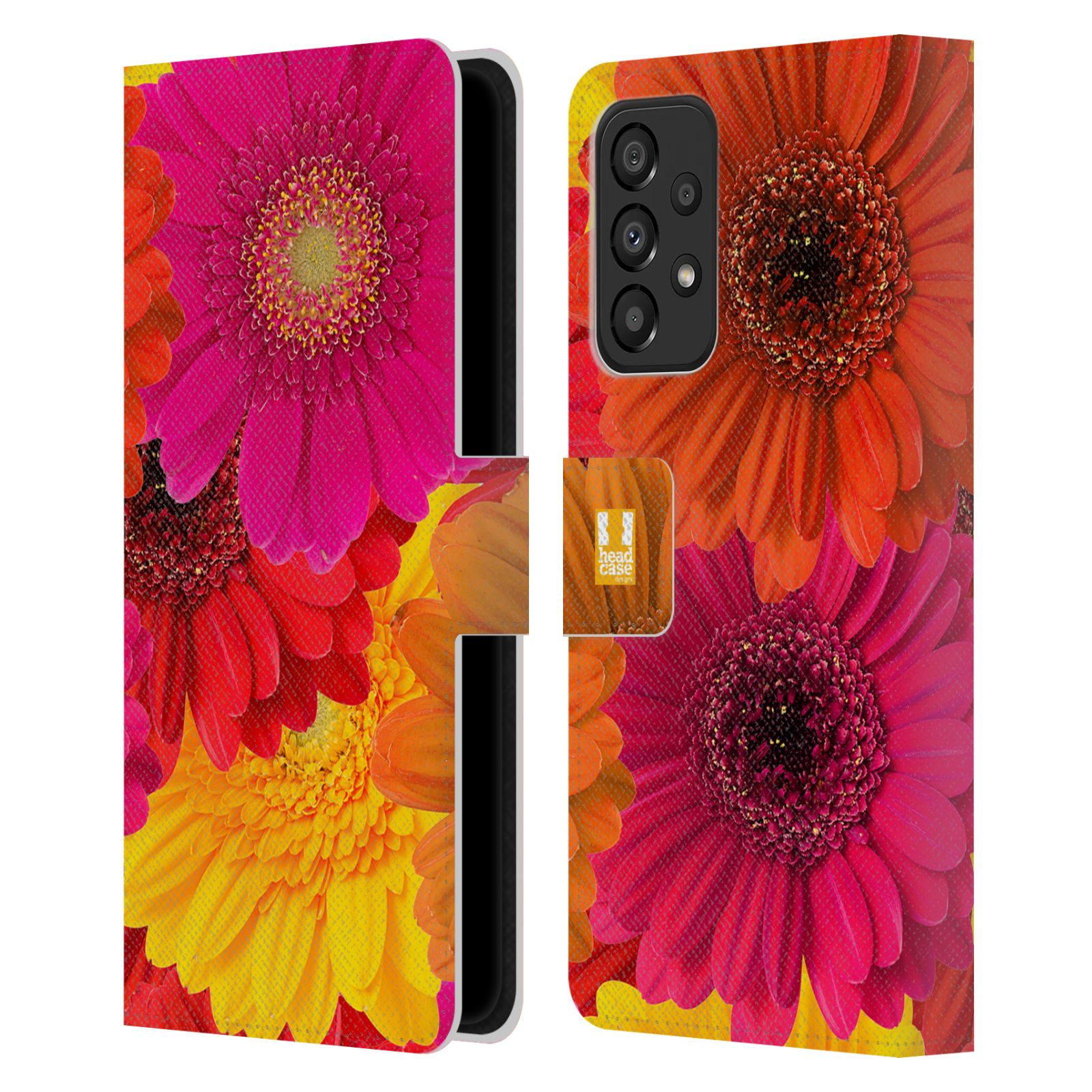 Pouzdro HEAD CASE na mobil Samsung Galaxy A33 5G květy foto fialová, oranžová GERBERA