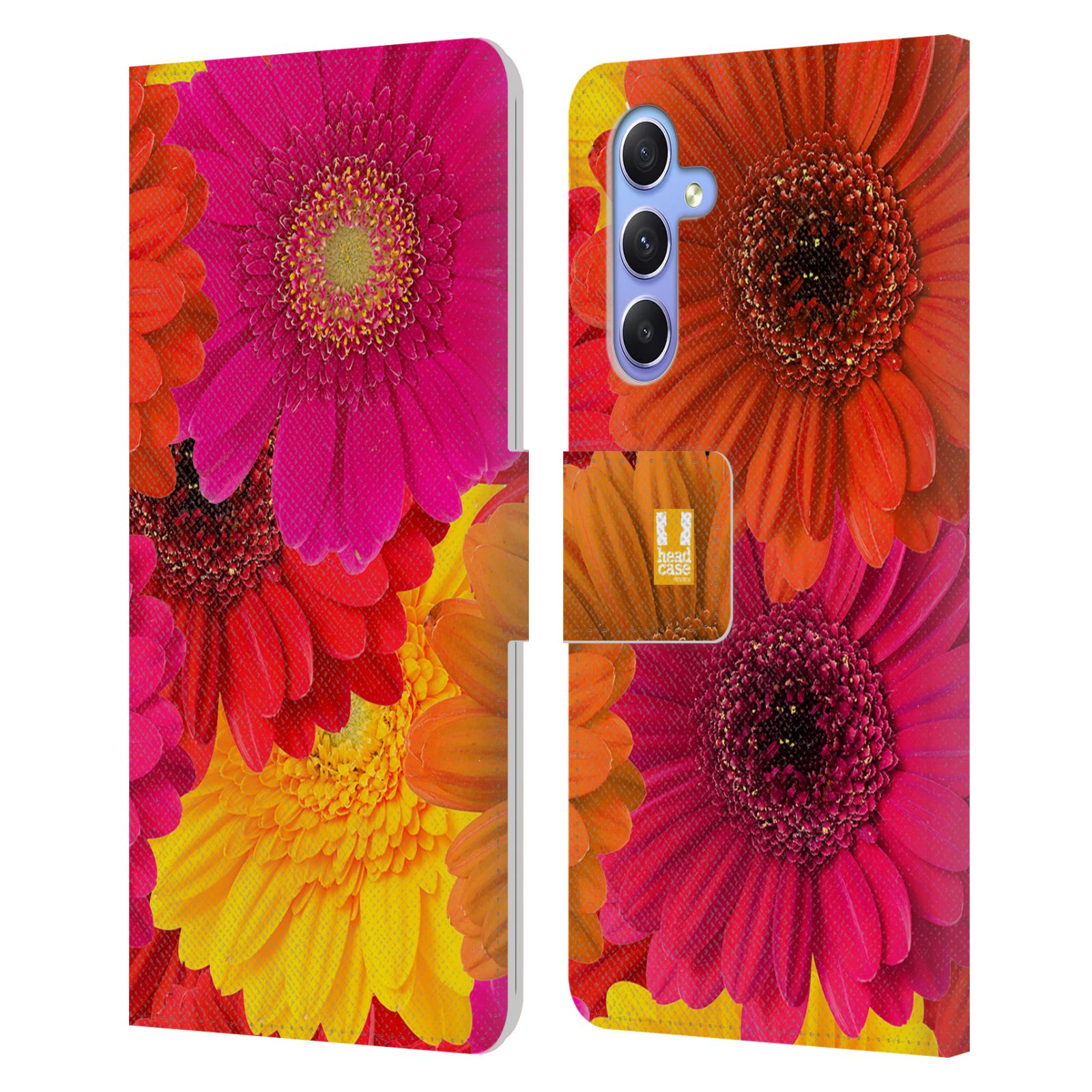 Pouzdro HEAD CASE na mobil Samsung Galaxy A34 5G květy foto fialová, oranžová GERBERA