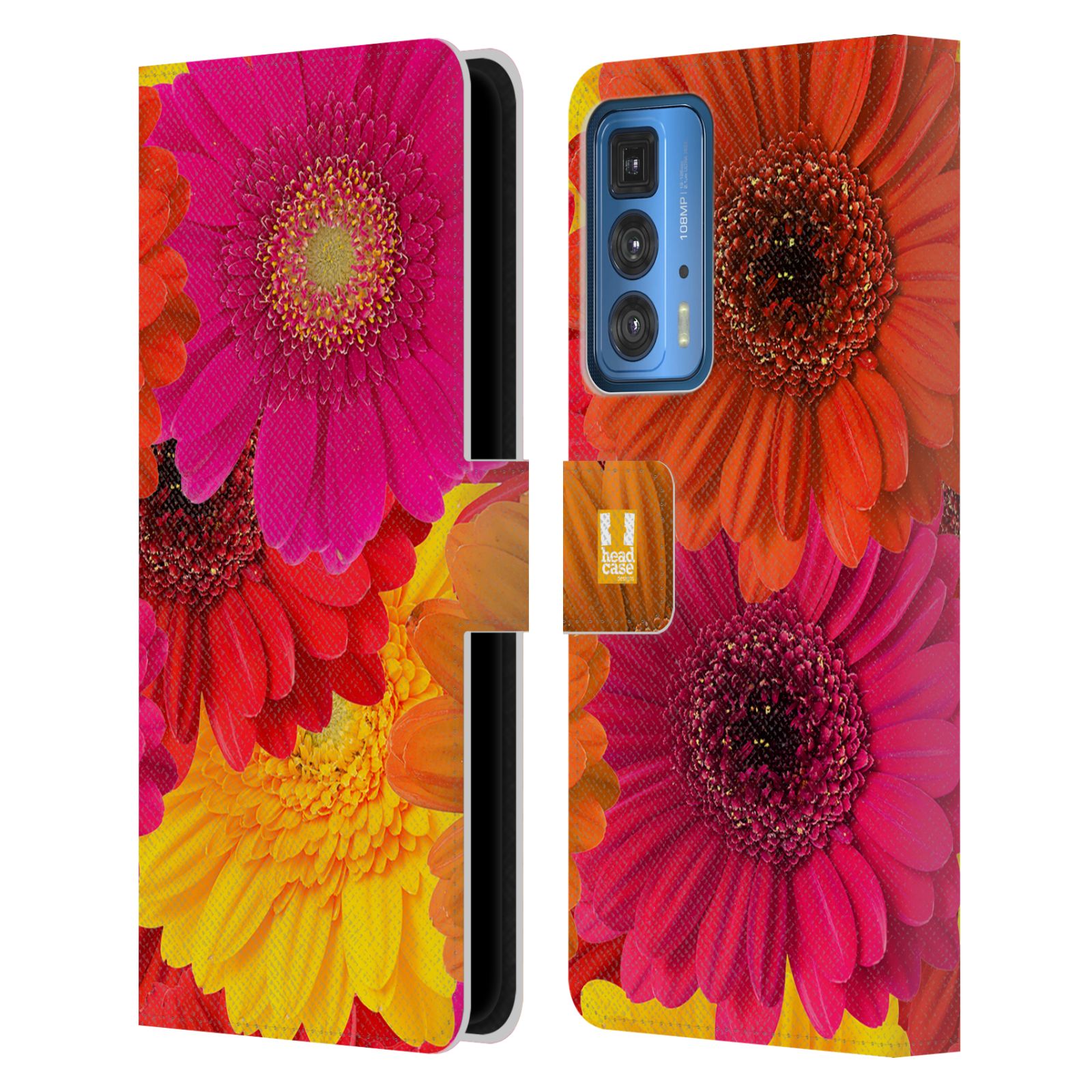 Pouzdro HEAD CASE na mobil Motorola EDGE 20 PRO květy foto fialová, oranžová GERBERA