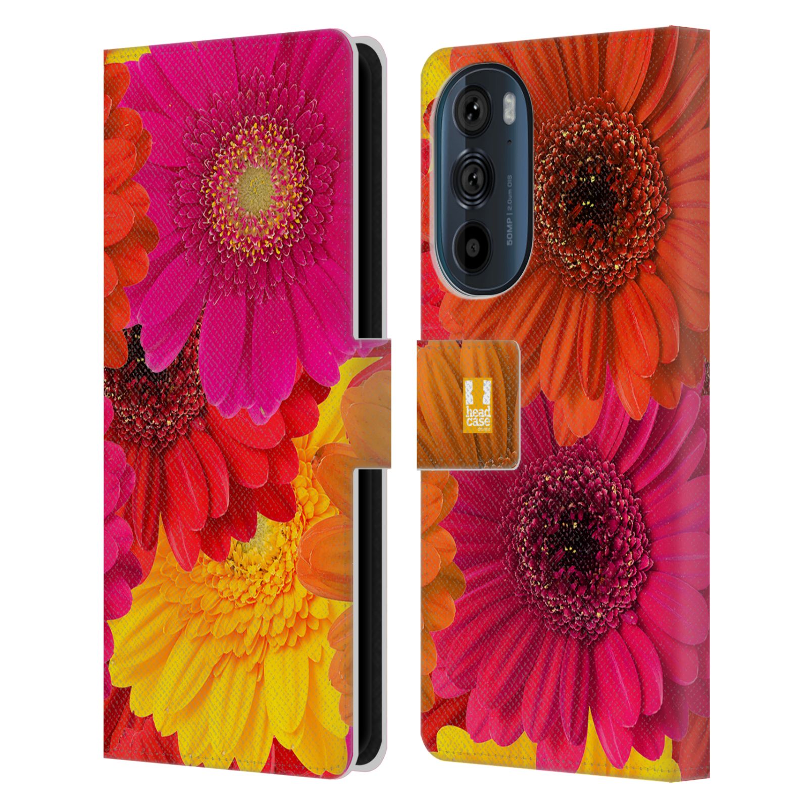 Pouzdro HEAD CASE na mobil Motorola EDGE 30 květy foto fialová, oranžová GERBERA
