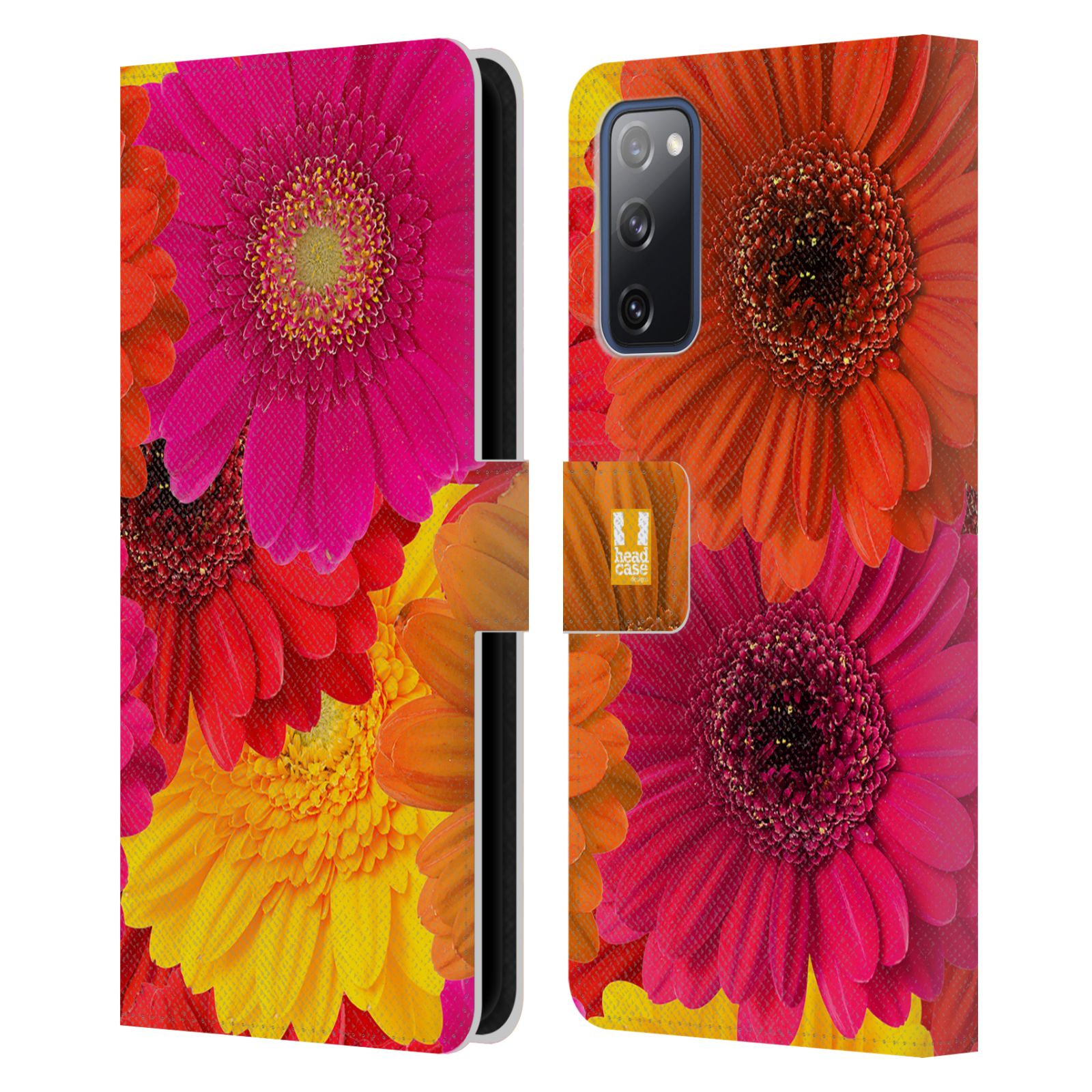 Pouzdro HEAD CASE na mobil Samsung Galaxy S20 FE / S20 FE 5G květy foto fialová, oranžová GERBERA
