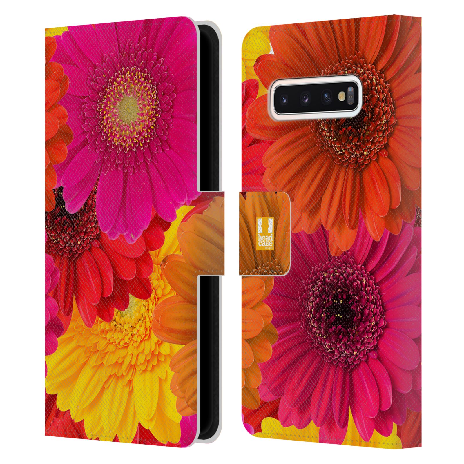 Pouzdro HEAD CASE na mobil Samsung Galaxy S10 květy foto fialová, oranžová GERBERA