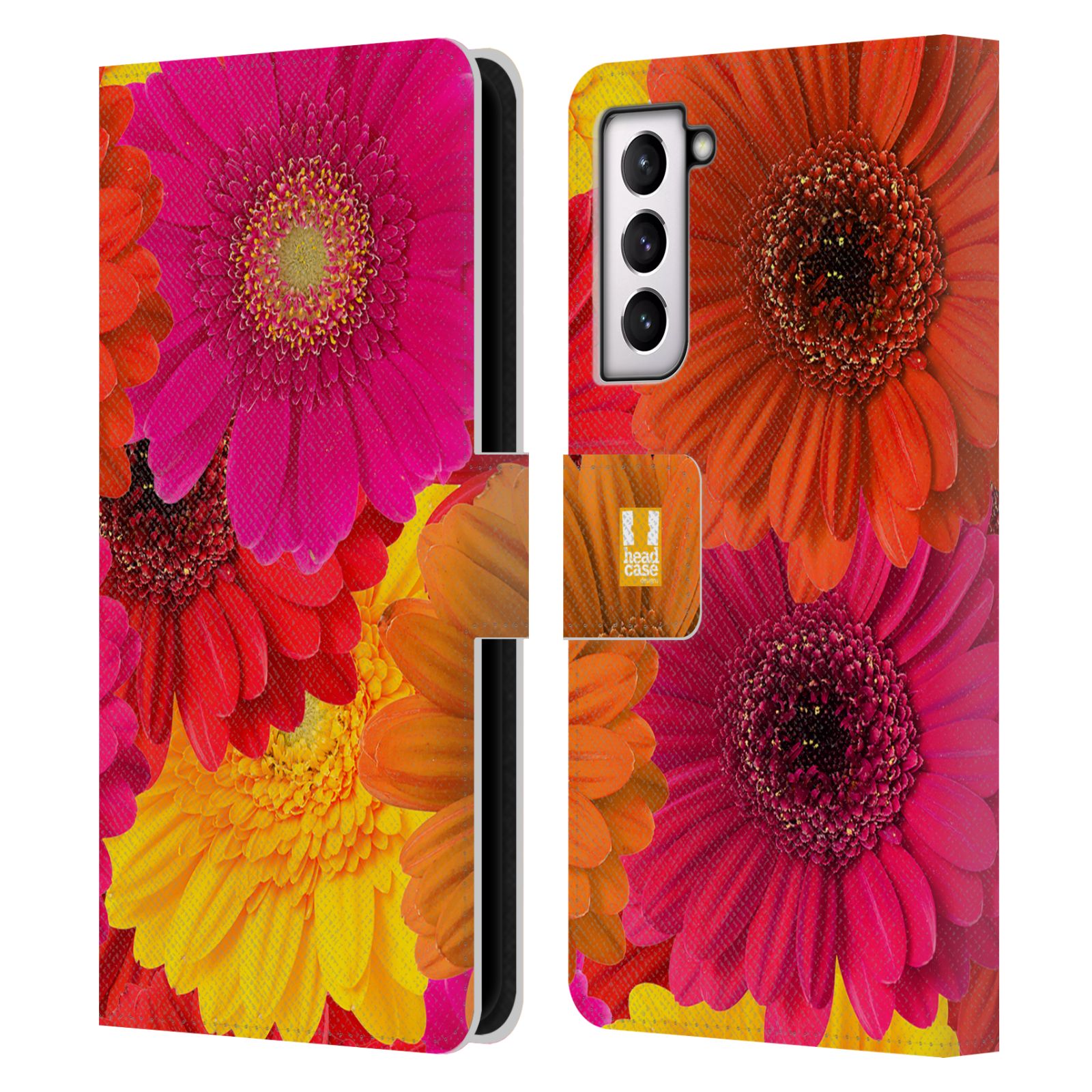 Pouzdro HEAD CASE na mobil Samsung Galaxy S21 / S21 5G květy foto fialová, oranžová GERBERA