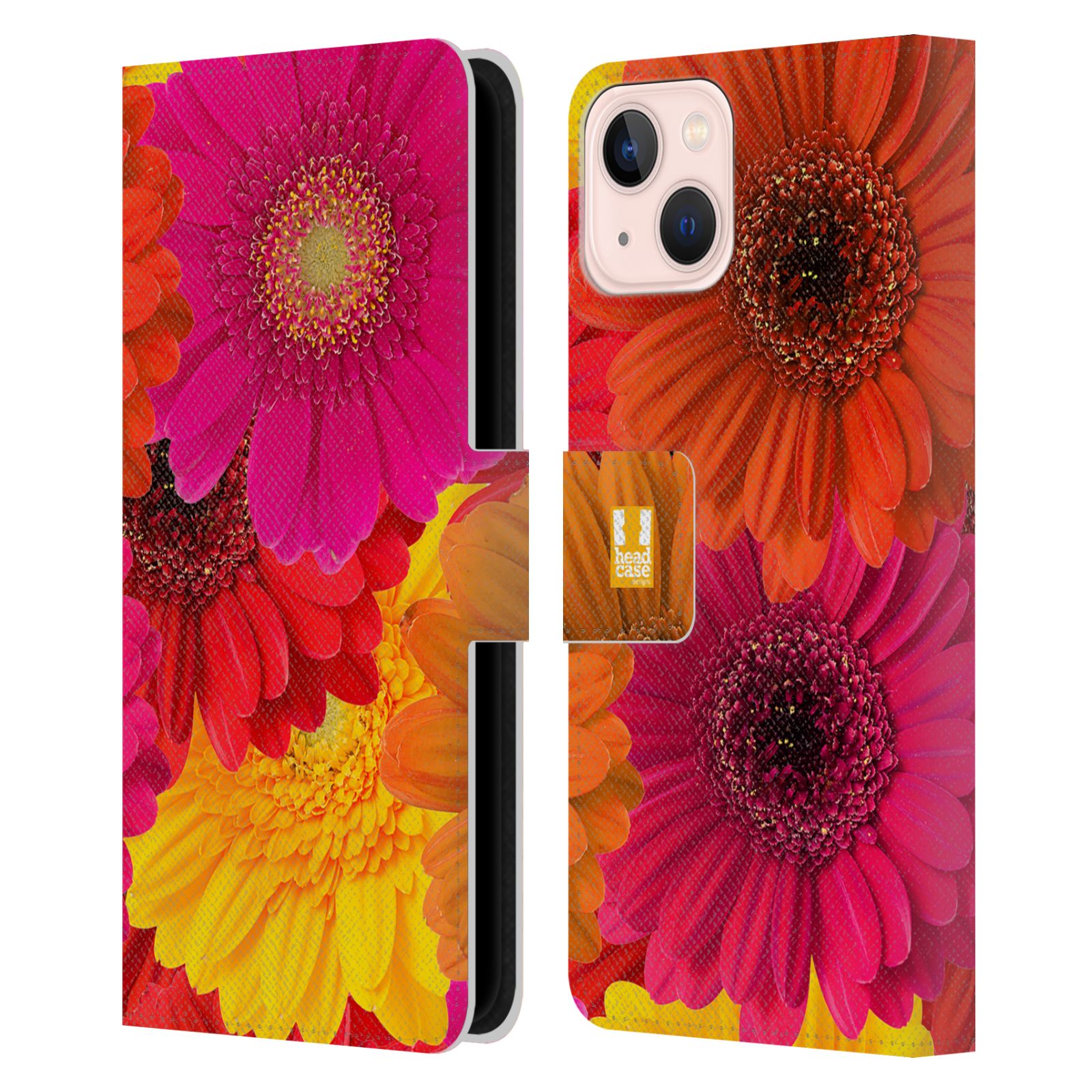 Pouzdro HEAD CASE na mobil Apple Iphone 13 květy foto fialová, oranžová GERBERA