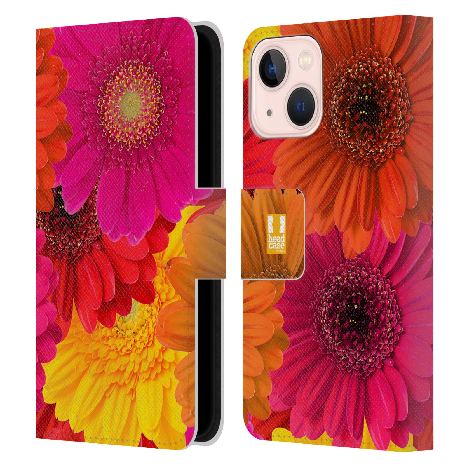 Pouzdro HEAD CASE na mobil Apple Iphone 13 MINI květy foto fialová, oranžová GERBERA