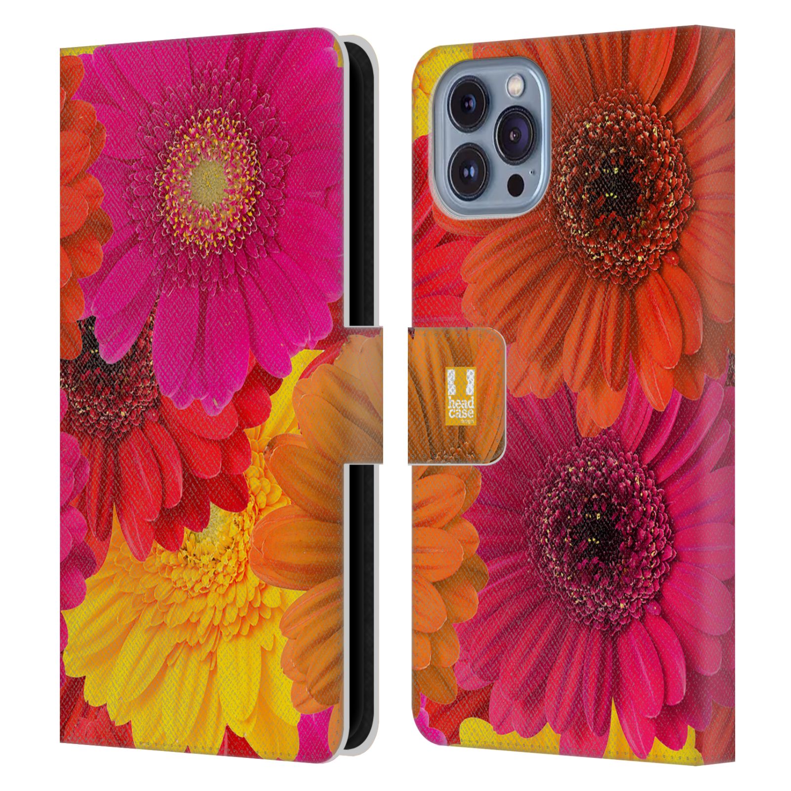 Pouzdro HEAD CASE na mobil Apple Iphone 14 květy foto fialová, oranžová GERBERA