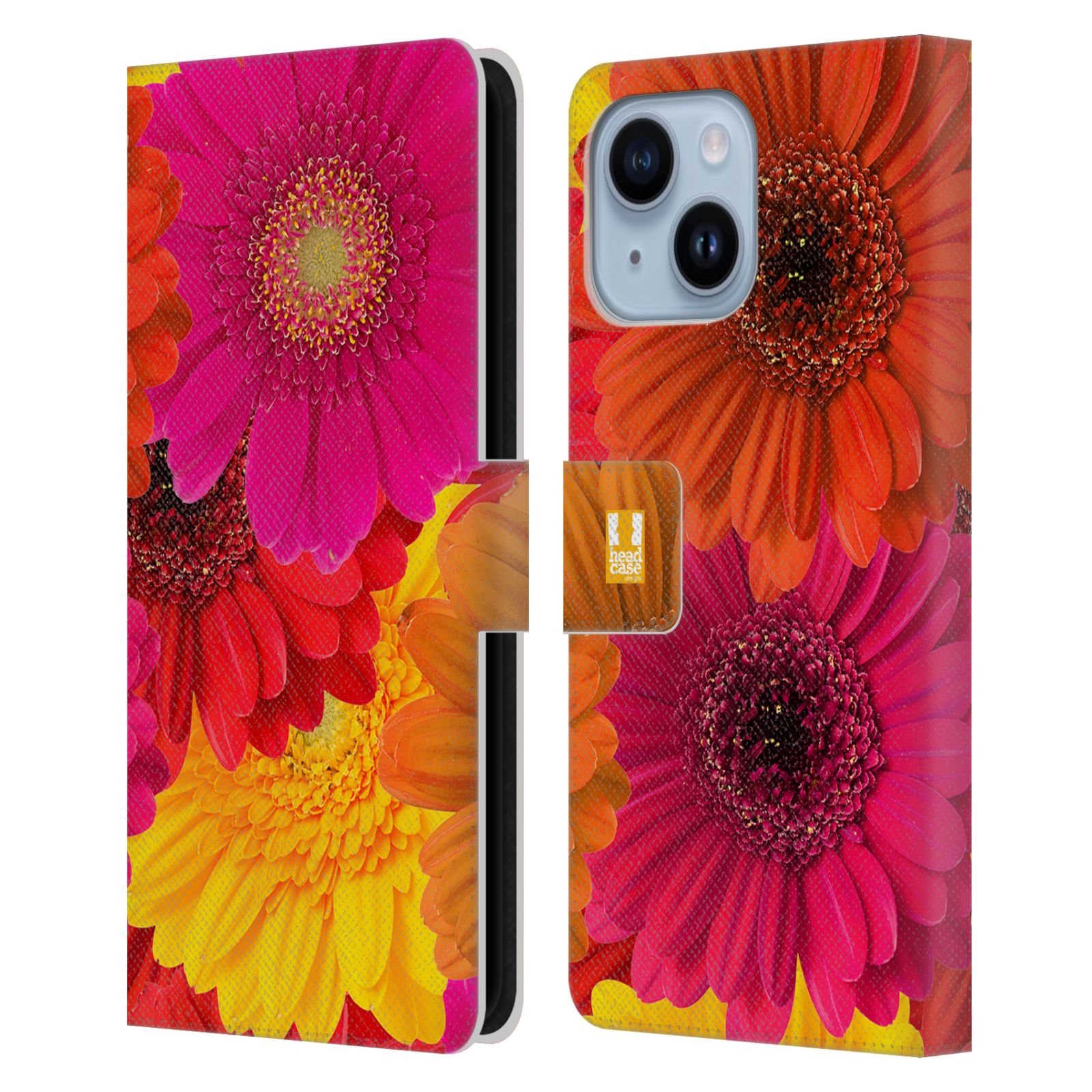 Pouzdro HEAD CASE na mobil Apple Iphone 14 PLUS květy foto fialová, oranžová GERBERA