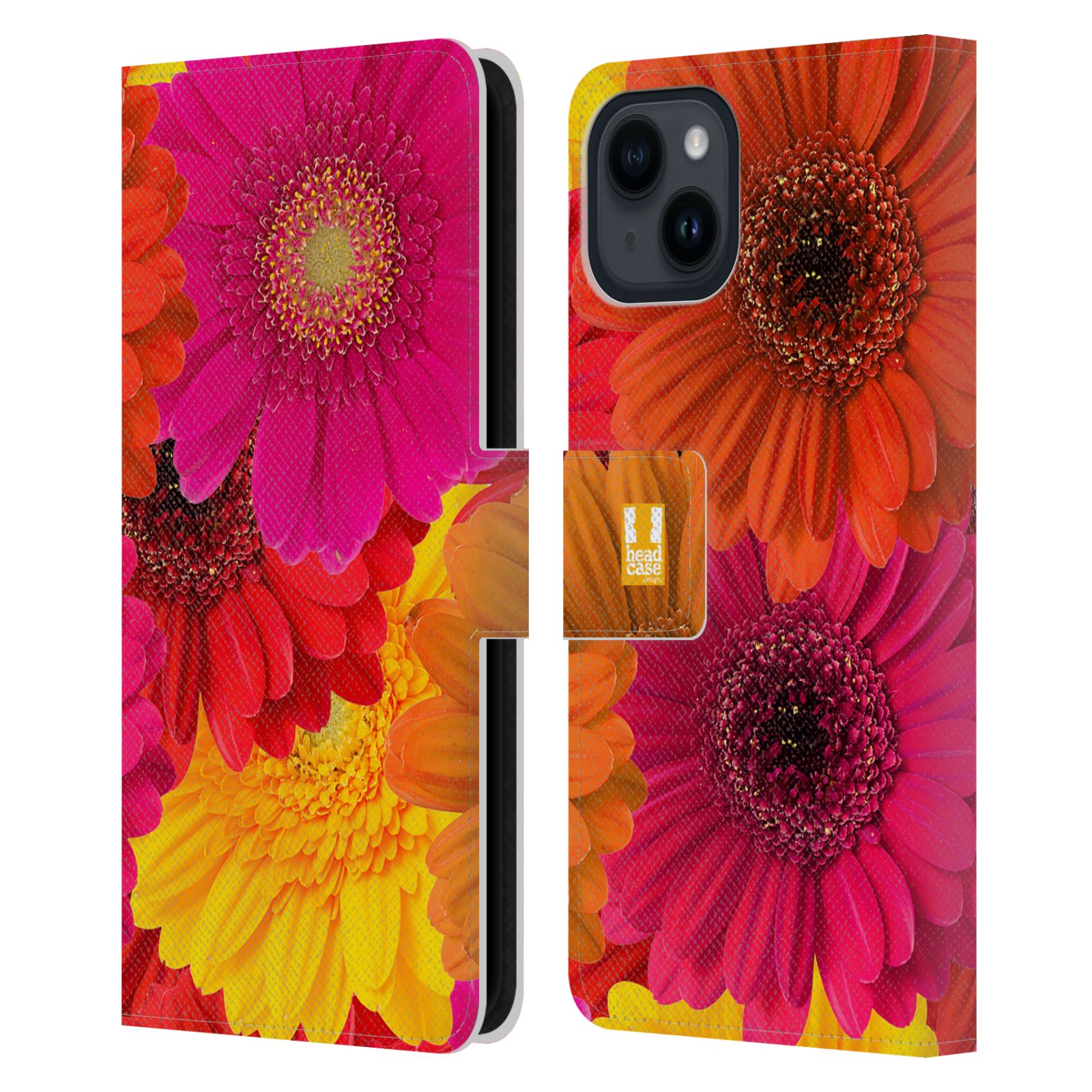 Pouzdro HEAD CASE na mobil Apple Iphone 15 květy foto fialová, oranžová GERBERA