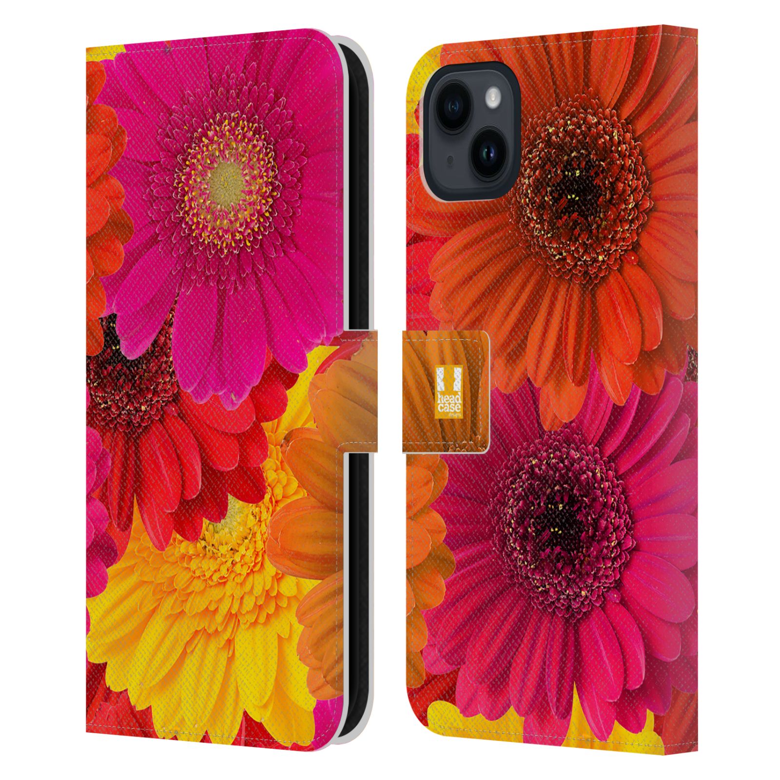 Pouzdro HEAD CASE na mobil Apple Iphone 15 PLUS květy foto fialová, oranžová GERBERA