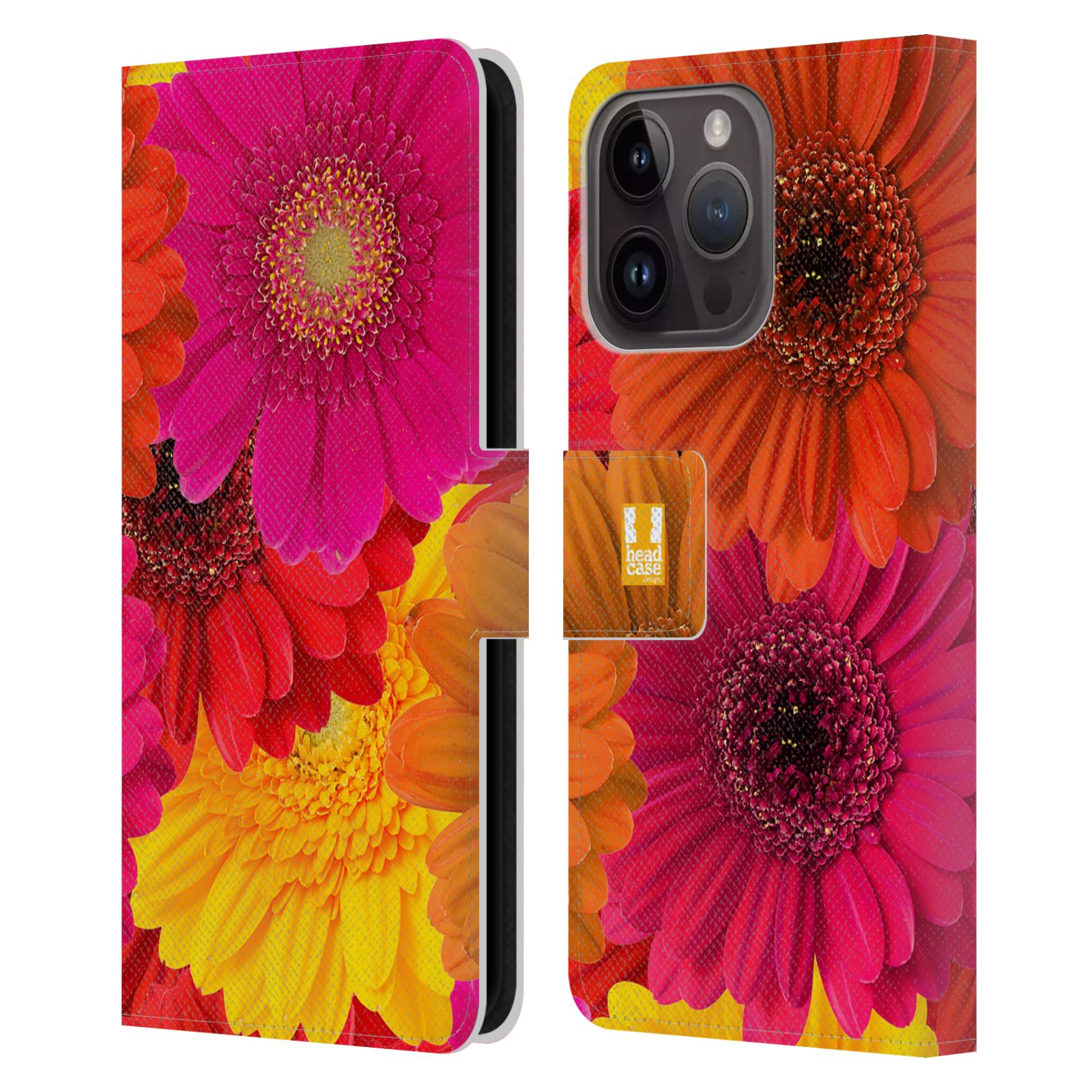 Pouzdro HEAD CASE na mobil Apple Iphone 15 PRO květy foto fialová, oranžová GERBERA