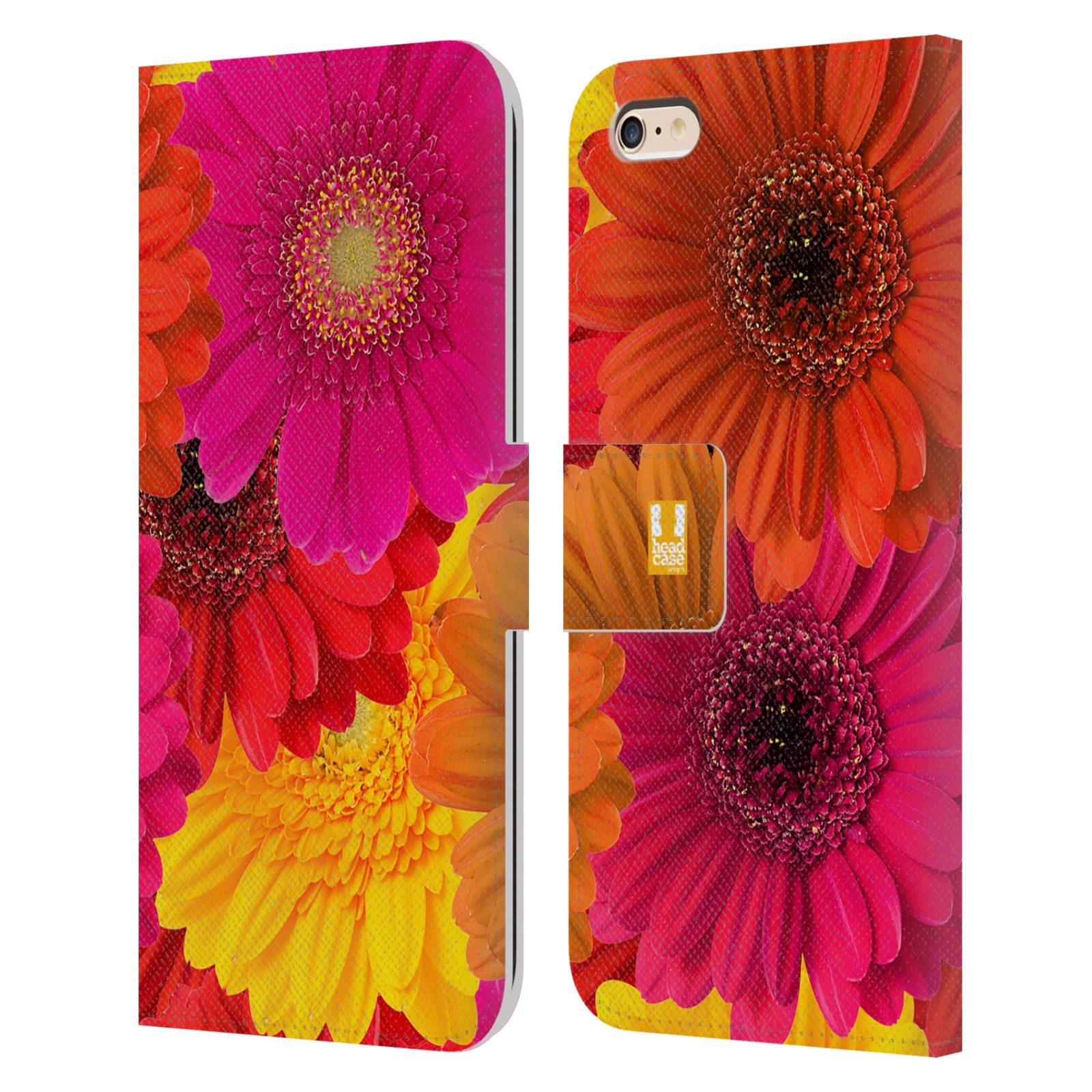 HEAD CASE Flipové pouzdro pro mobil Apple Iphone 6 PLUS / 6S PLUS květy foto fialová, oranžová GERBERA