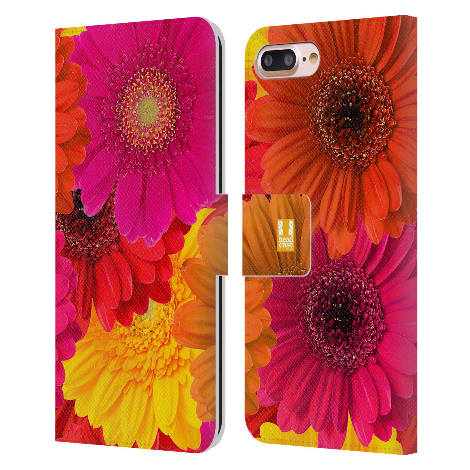 HEAD CASE Flipové pouzdro pro mobil Apple Iphone 7 PLUS / 8 PLUS květy foto fialová, oranžová GERBERA