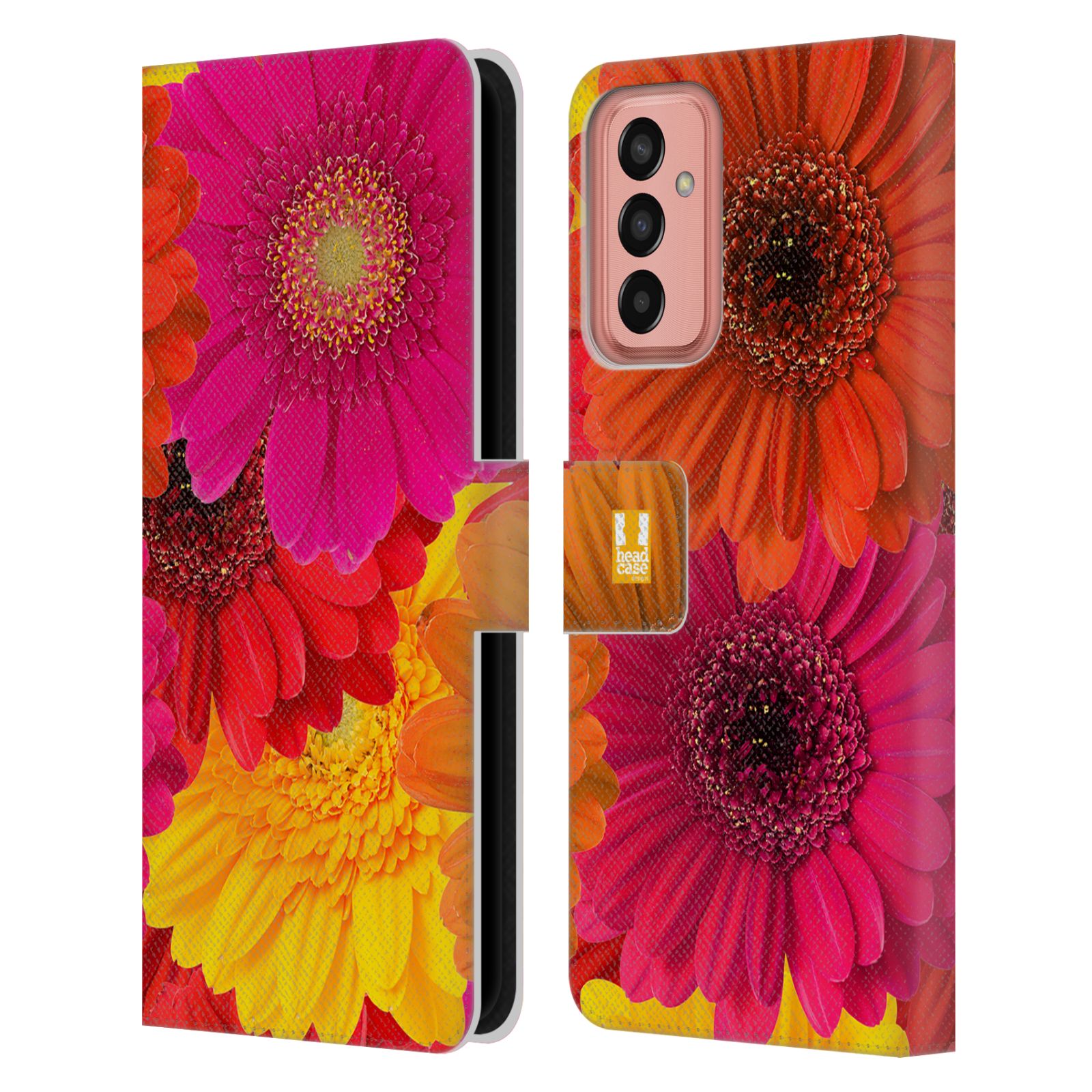 Pouzdro HEAD CASE na mobil Samsung Galaxy M13 květy foto fialová, oranžová GERBERA
