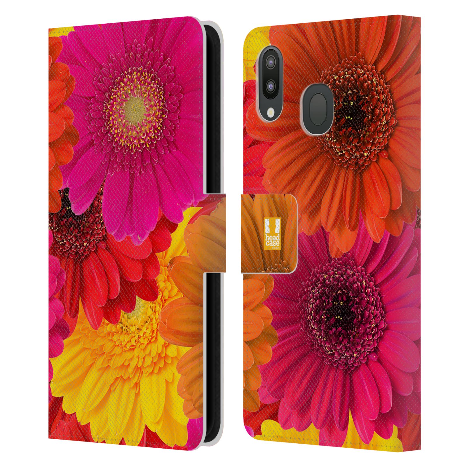 Pouzdro na mobil Samsung Galaxy M20 květy foto fialová, oranžová GERBERA