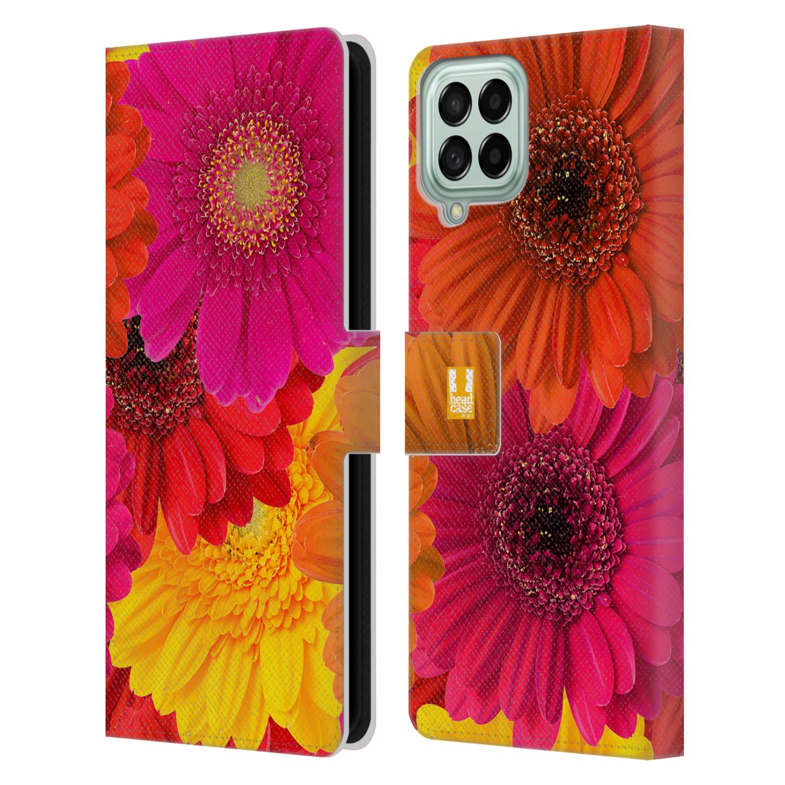 Pouzdro HEAD CASE na mobil Samsung Galaxy M33 5G květy foto fialová, oranžová GERBERA