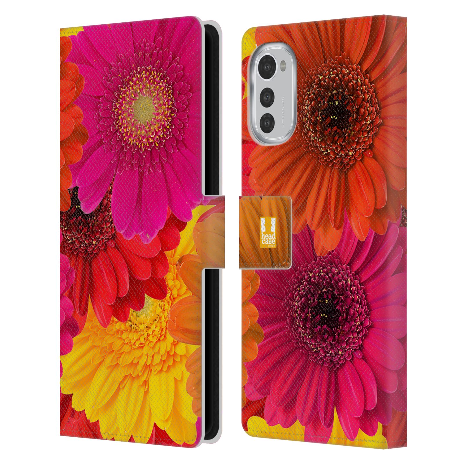 Pouzdro HEAD CASE na mobil Motorola Moto E32 / E32s květy foto fialová, oranžová GERBERA