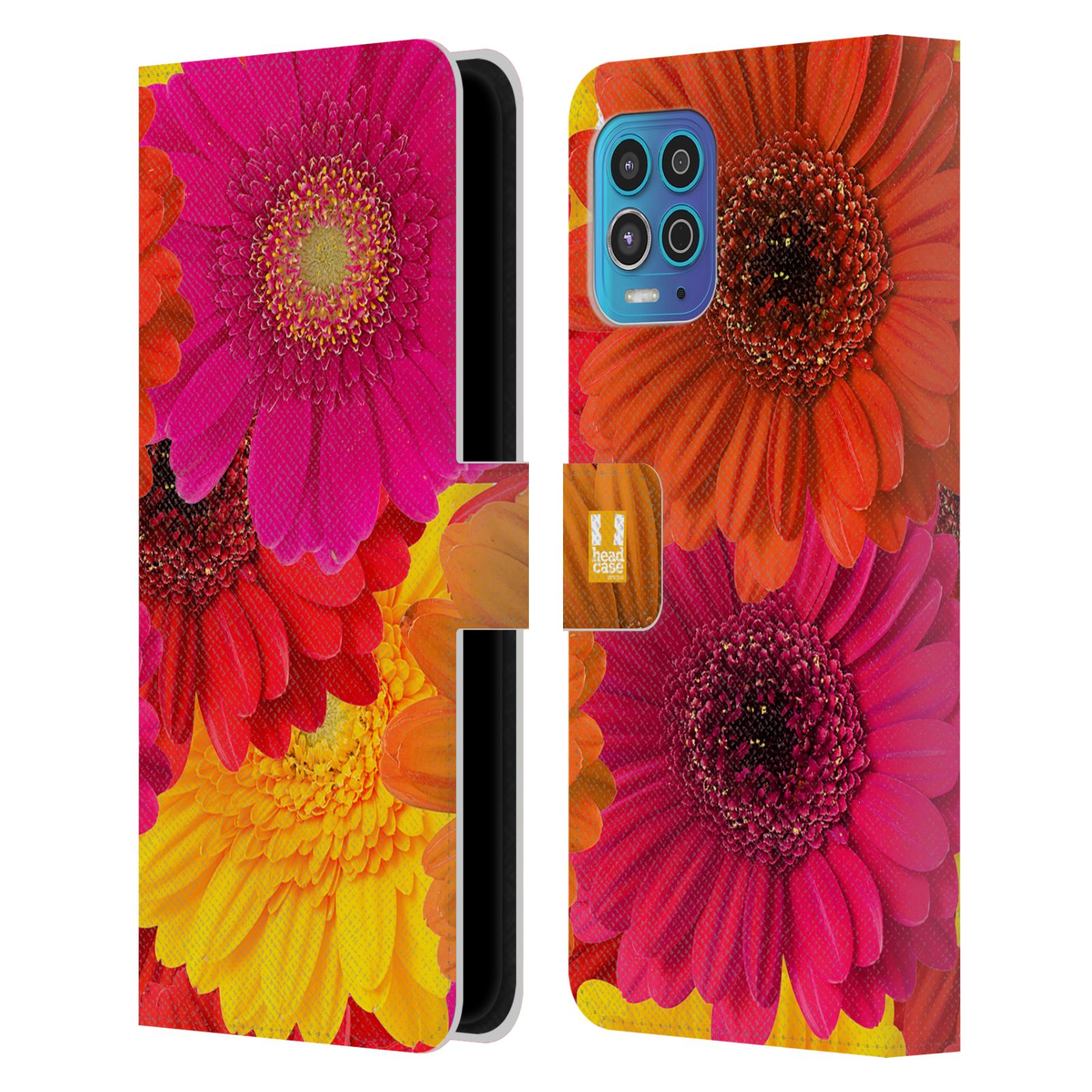 Pouzdro HEAD CASE na mobil Motorola MOTO G100 květy foto fialová, oranžová GERBERA