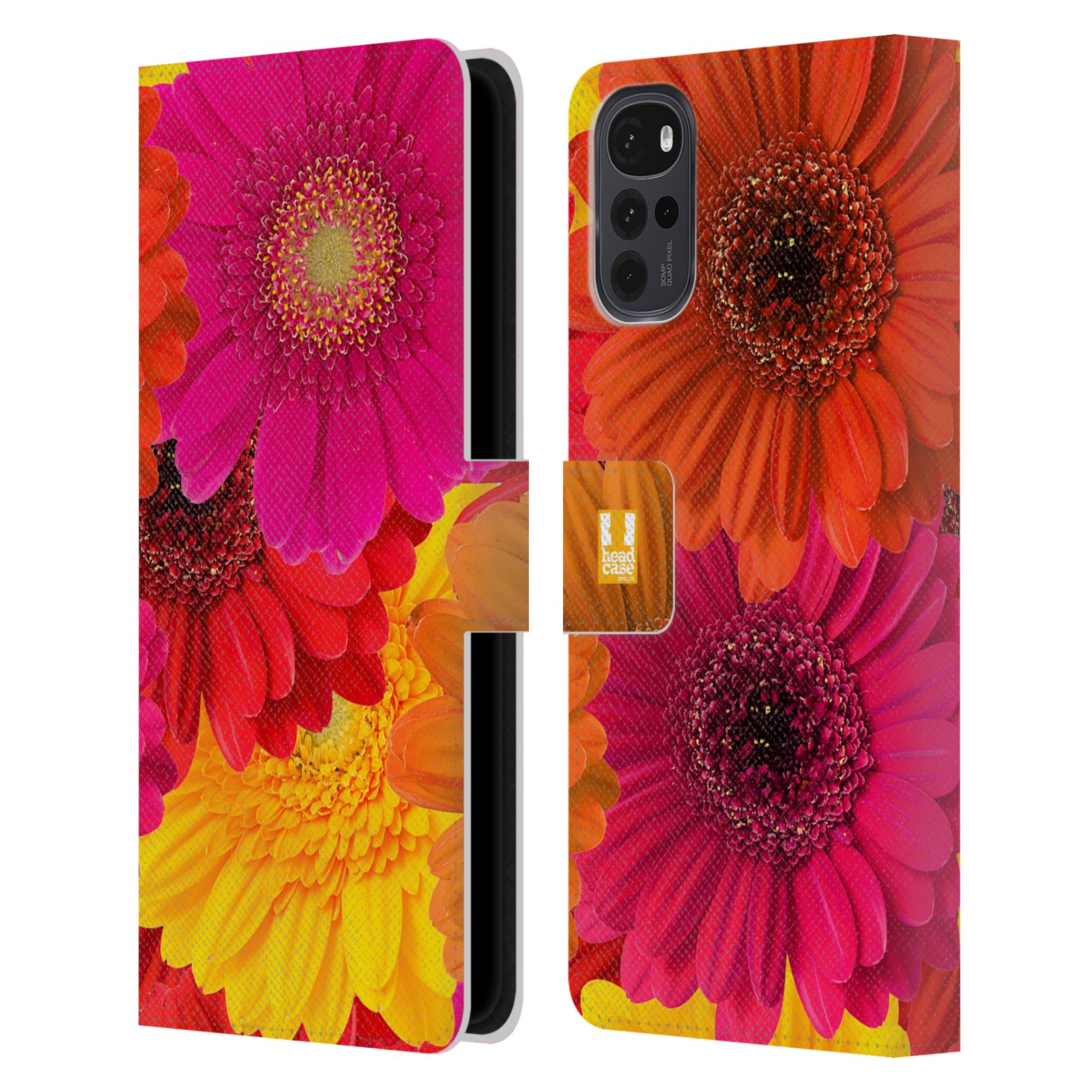 Pouzdro HEAD CASE na mobil Motorola Moto G22 květy foto fialová, oranžová GERBERA