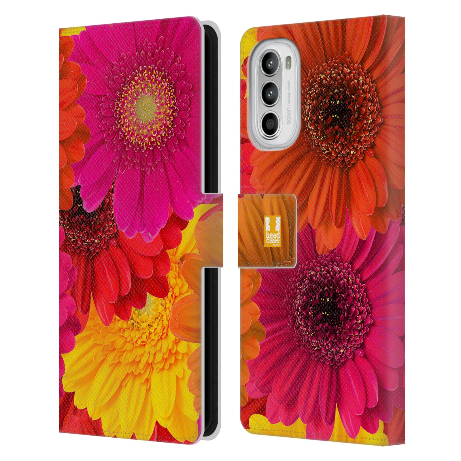 Pouzdro HEAD CASE na mobil Motorola Moto G52 květy foto fialová, oranžová GERBERA