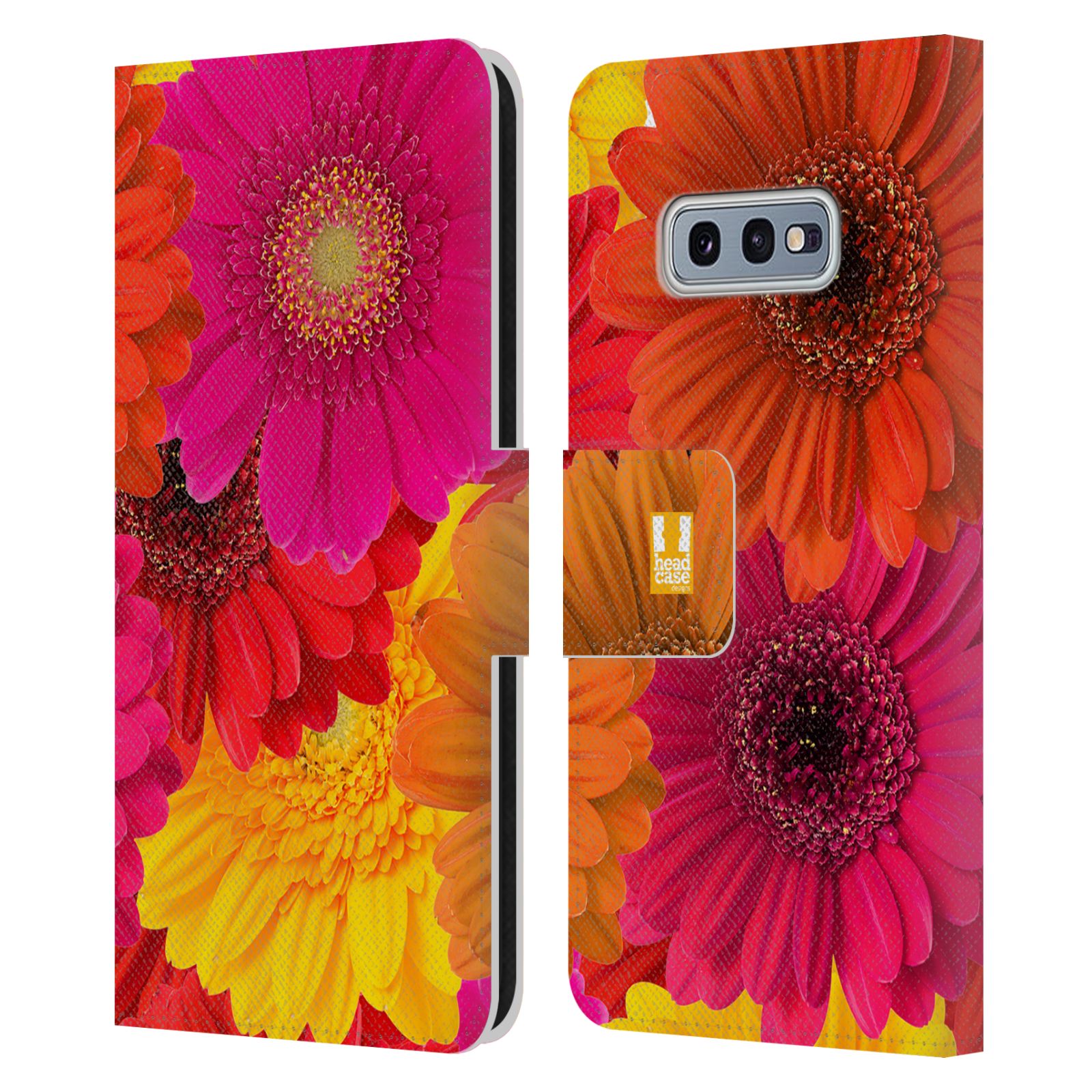 Pouzdro HEAD CASE na mobil Samsung Galaxy S10e květy foto fialová, oranžová GERBERA