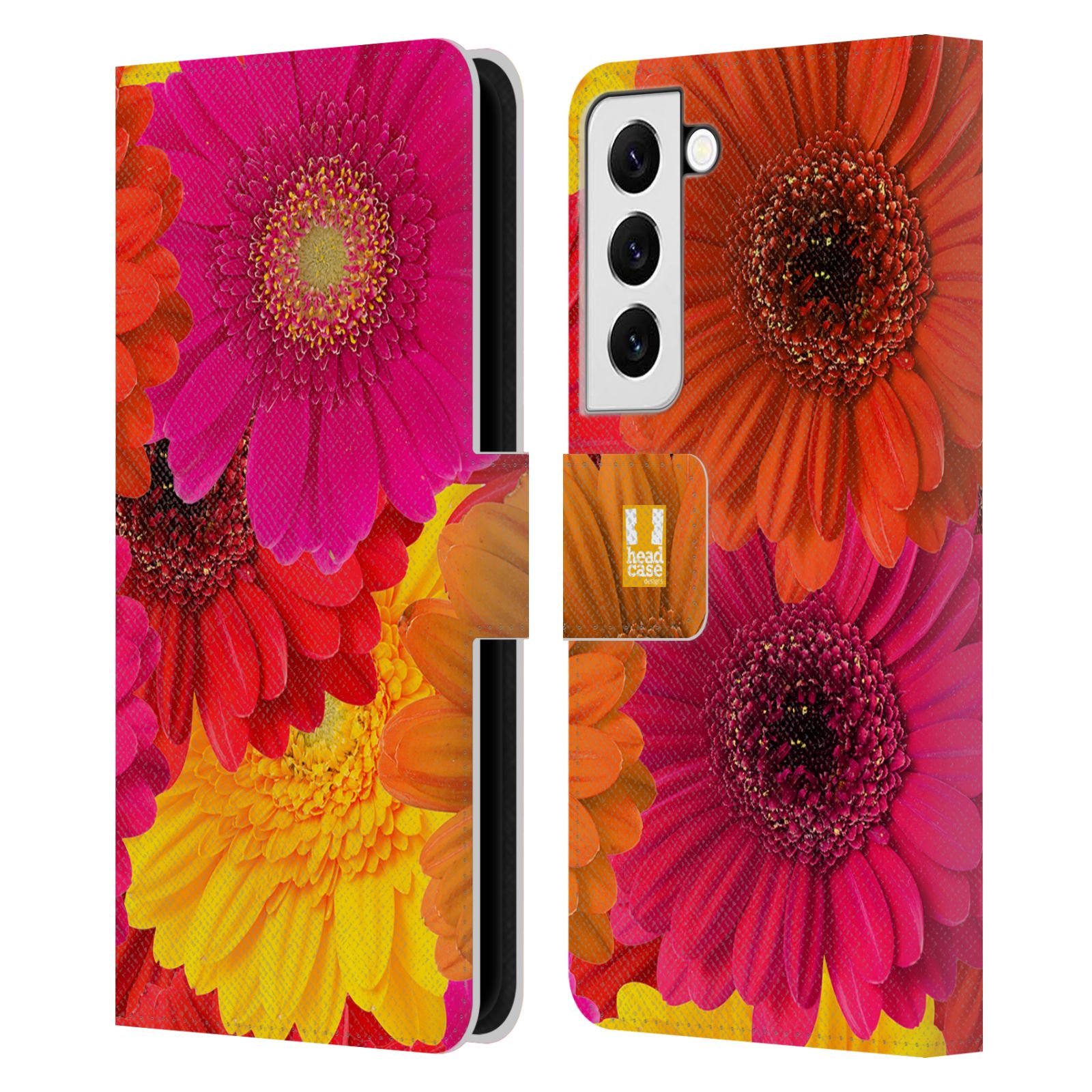 Pouzdro HEAD CASE na mobil Samsung Galaxy S22 / S22 5G květy foto fialová, oranžová GERBERA