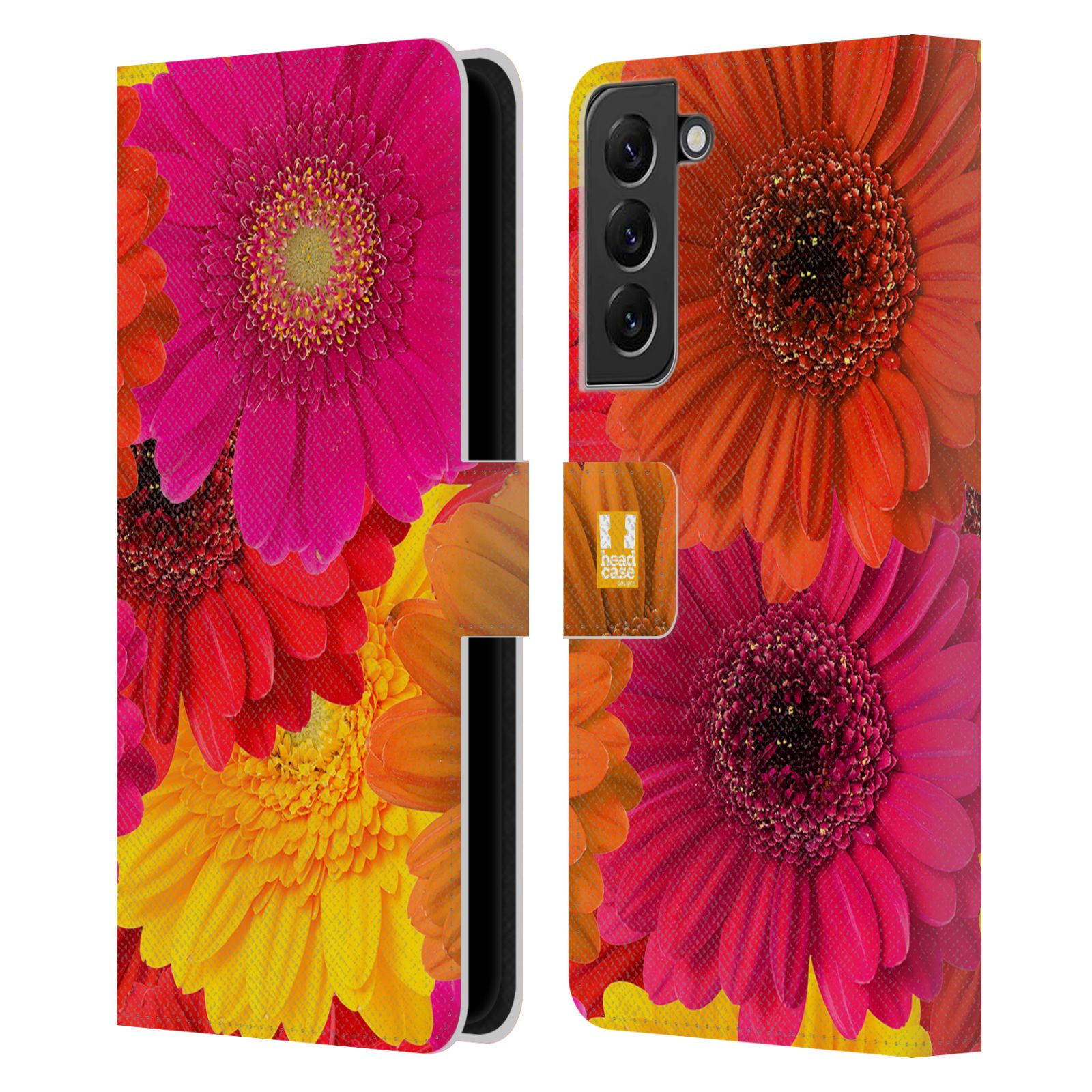 Pouzdro HEAD CASE na mobil Samsung Galaxy S22+ / S22+ 5G květy foto fialová, oranžová GERBERA