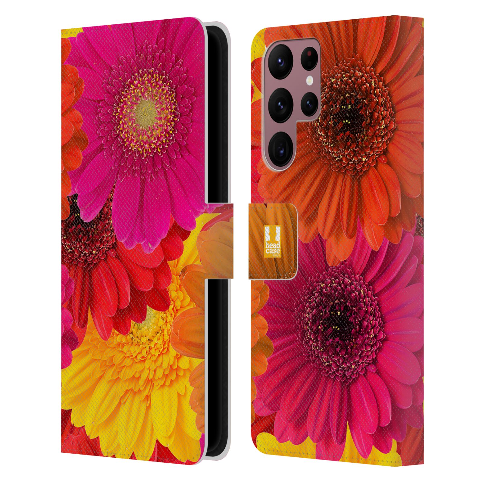 Pouzdro HEAD CASE na mobil Samsung Galaxy S22 ULTRA 5G květy foto fialová, oranžová GERBERA