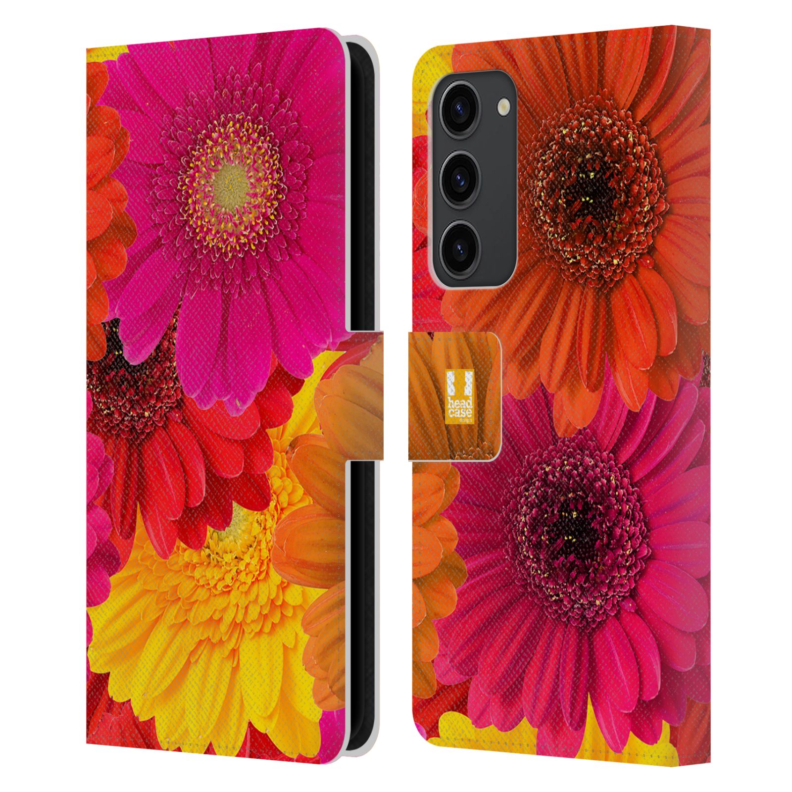 Pouzdro HEAD CASE na mobil Samsung Galaxy S23+ květy foto fialová, oranžová GERBERA