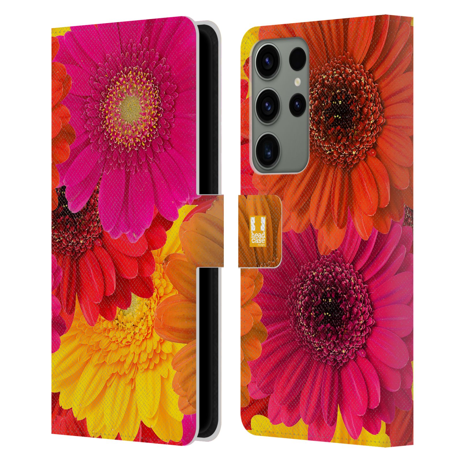 Pouzdro HEAD CASE na mobil Samsung Galaxy S23 ULTRA květy foto fialová, oranžová GERBERA