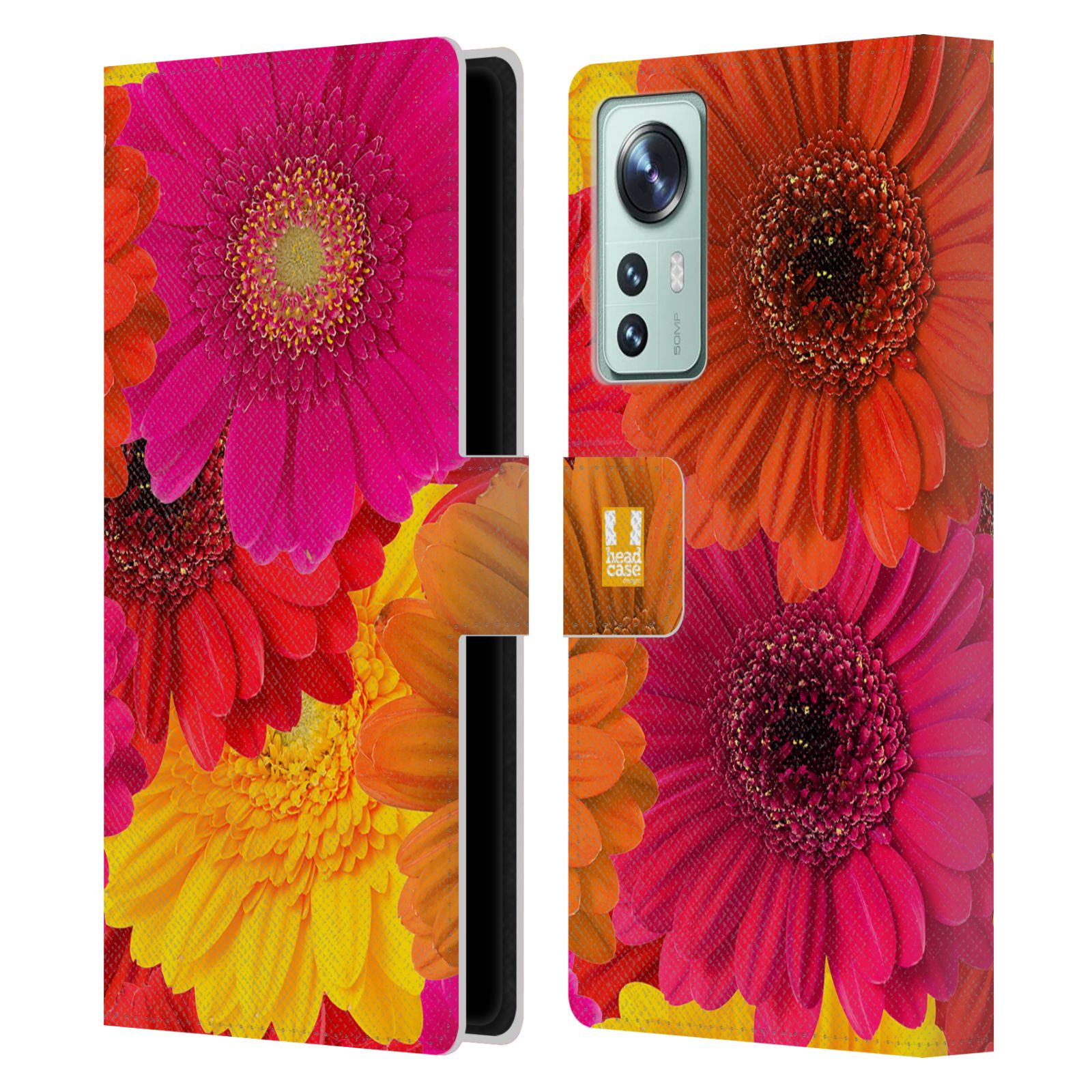 Pouzdro HEAD CASE na mobil Xiaomi 12 květy foto fialová, oranžová GERBERA