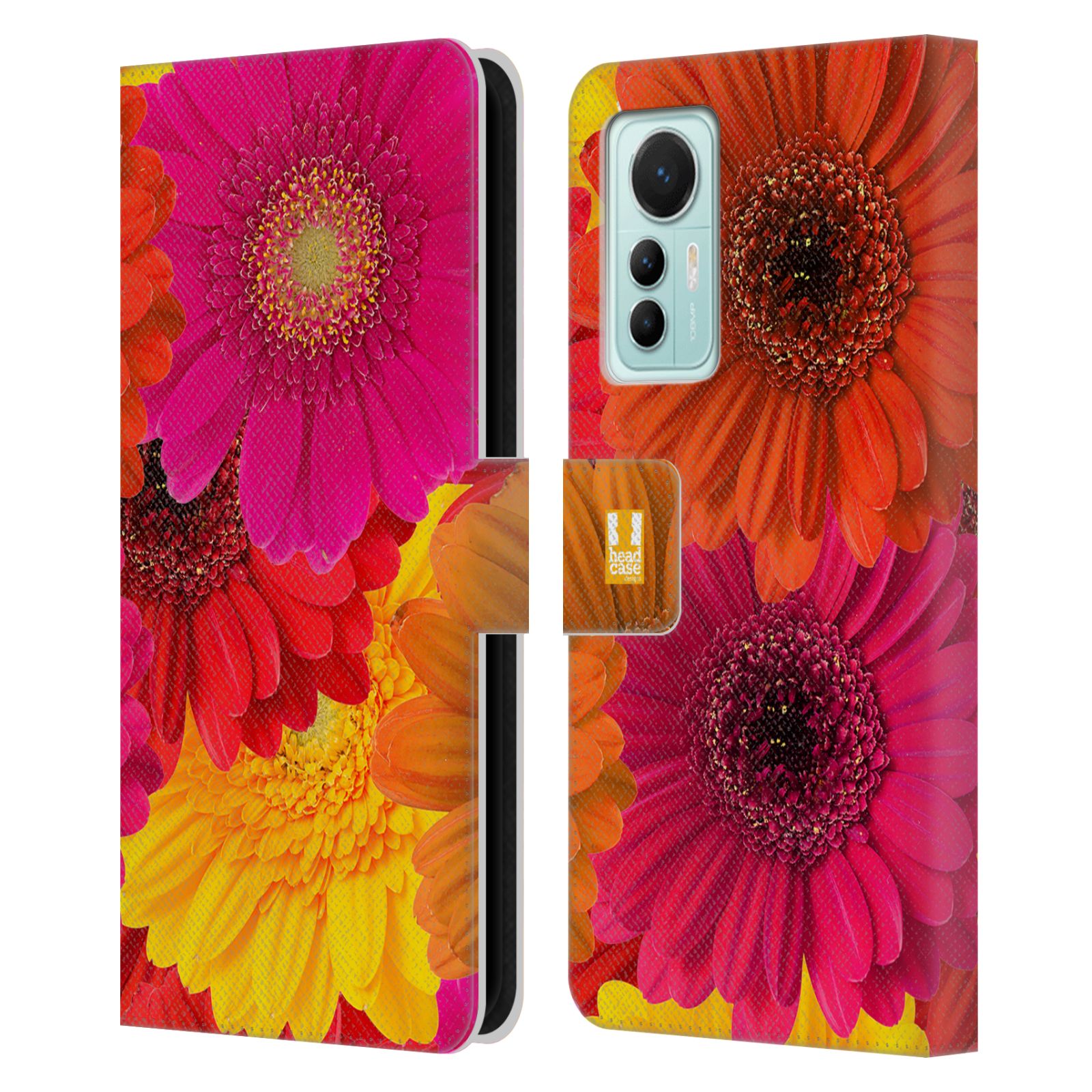 Pouzdro HEAD CASE na mobil Xiaomi 12 LITE květy foto fialová, oranžová GERBERA