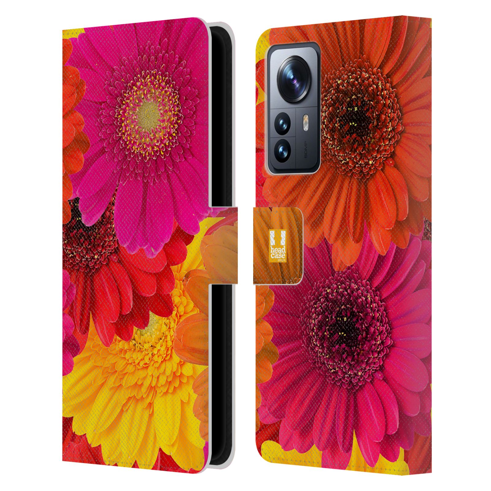 Pouzdro HEAD CASE na mobil Xiaomi 12 PRO květy foto fialová, oranžová GERBERA