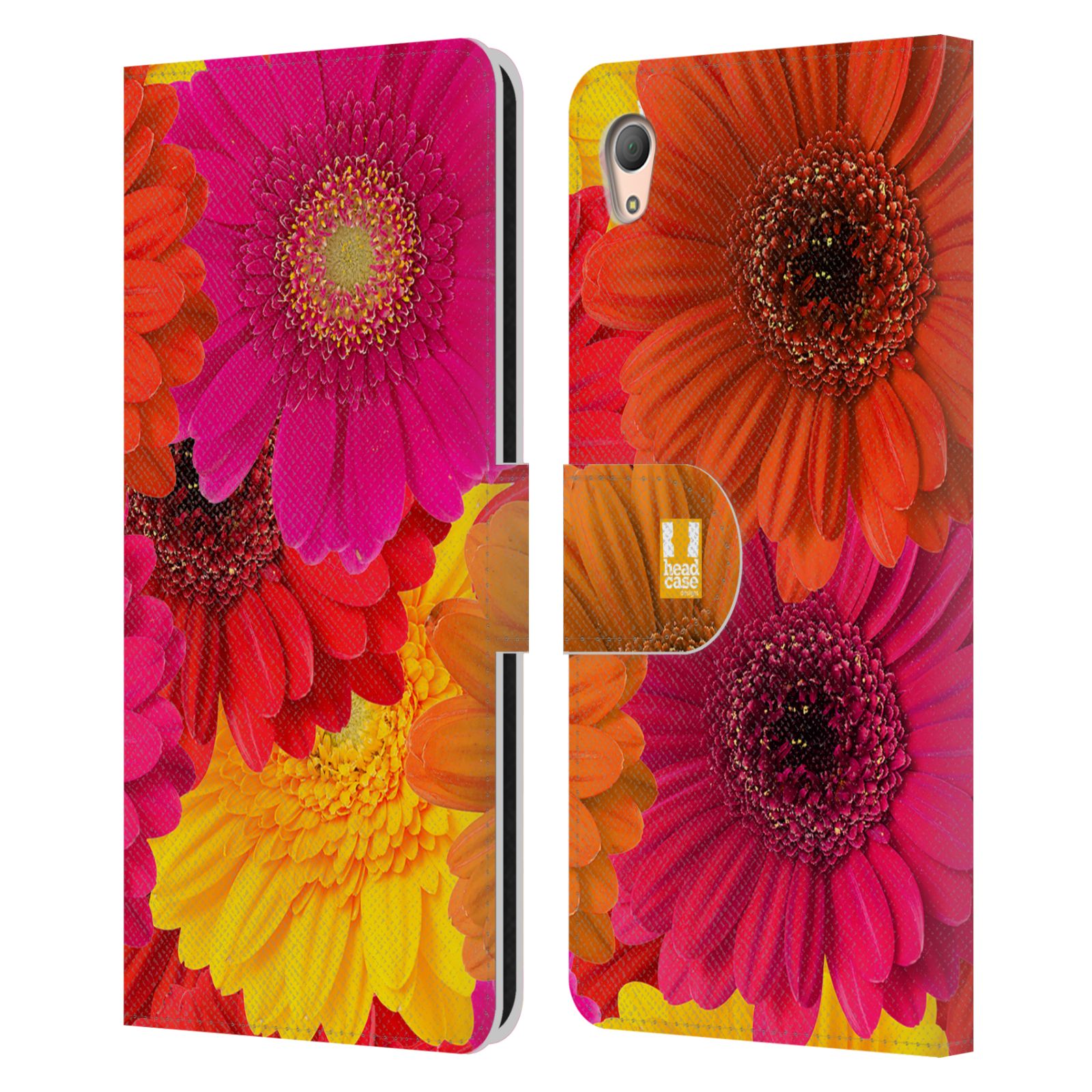 HEAD CASE Flipové pouzdro pro mobil SONY XPERIA Z3+ (PLUS) květy foto fialová, oranžová GERBERA
