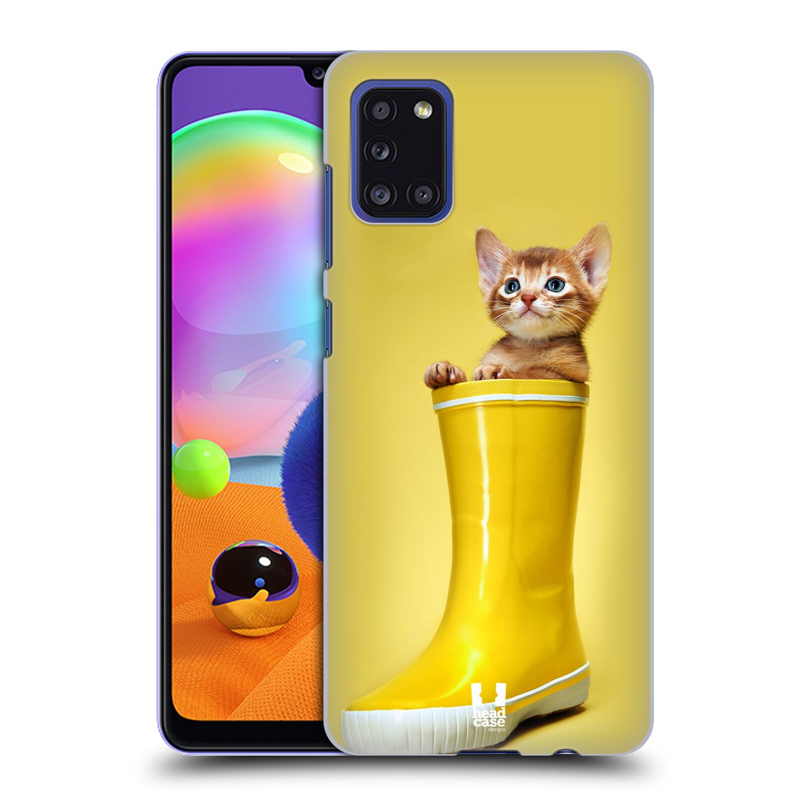 Zadní kryt na mobil Samsung Galaxy A31 vzor Legrační zvířátka kotě v botě žlutá