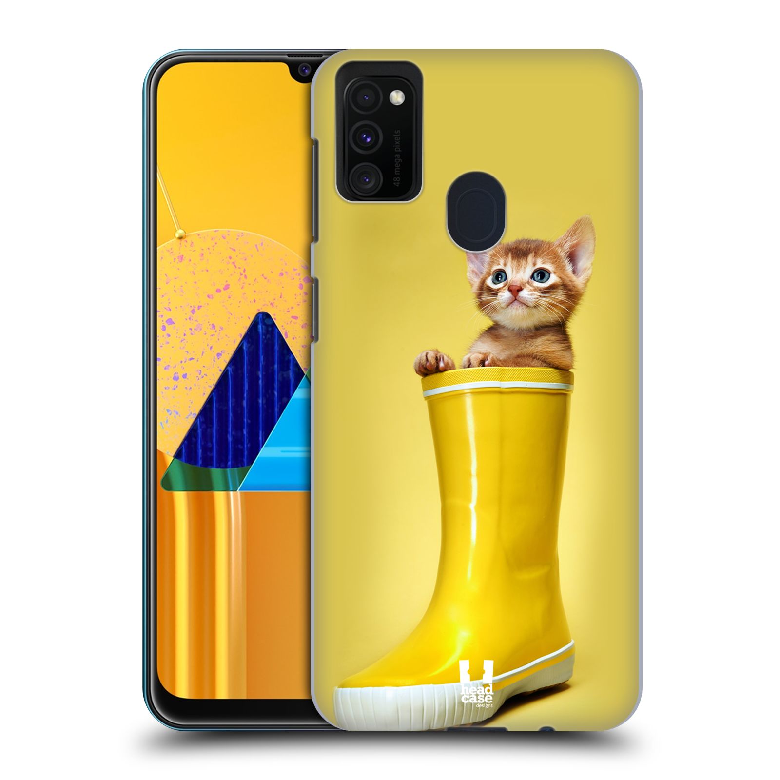 Zadní kryt na mobil Samsung Galaxy M21 vzor Legrační zvířátka kotě v botě žlutá