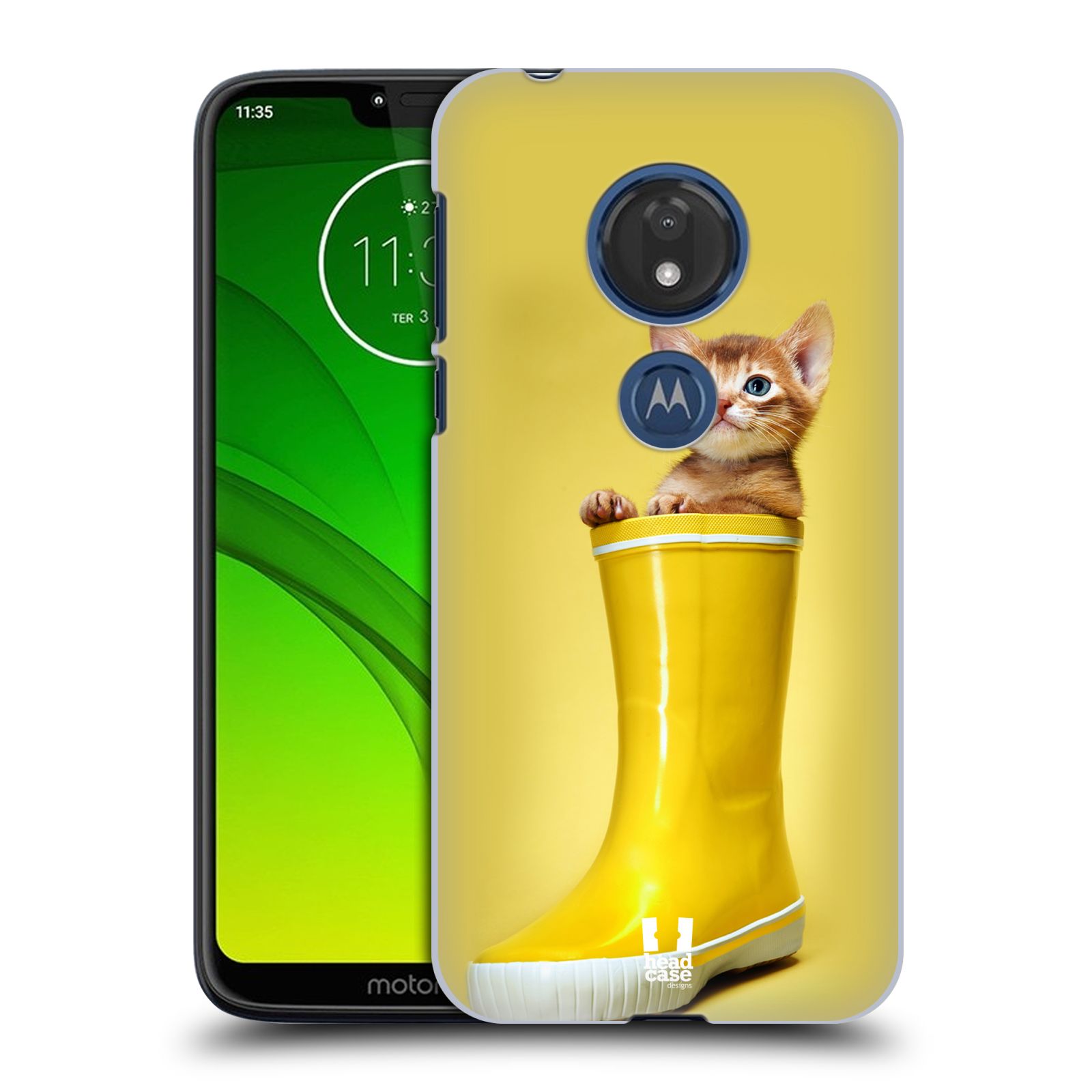 Pouzdro na mobil Motorola Moto G7 Play vzor Legrační zvířátka kotě v botě žlutá
