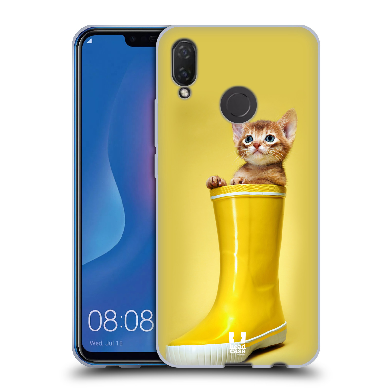 HEAD CASE silikon obal na mobil Huawei Nova 3i / Huawei P Smart Plus vzor Legrační zvířátka kotě v botě žlutá