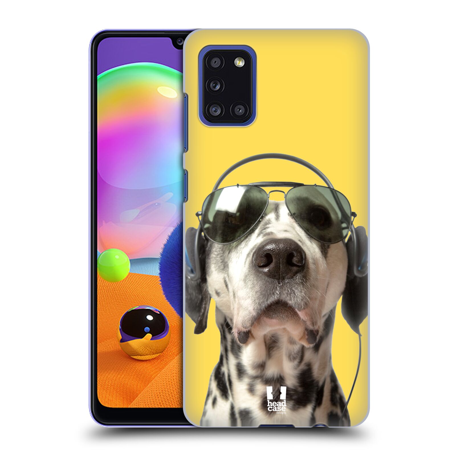 Zadní kryt na mobil Samsung Galaxy A31 vzor Legrační zvířátka dalmatin se sluchátky žlutá