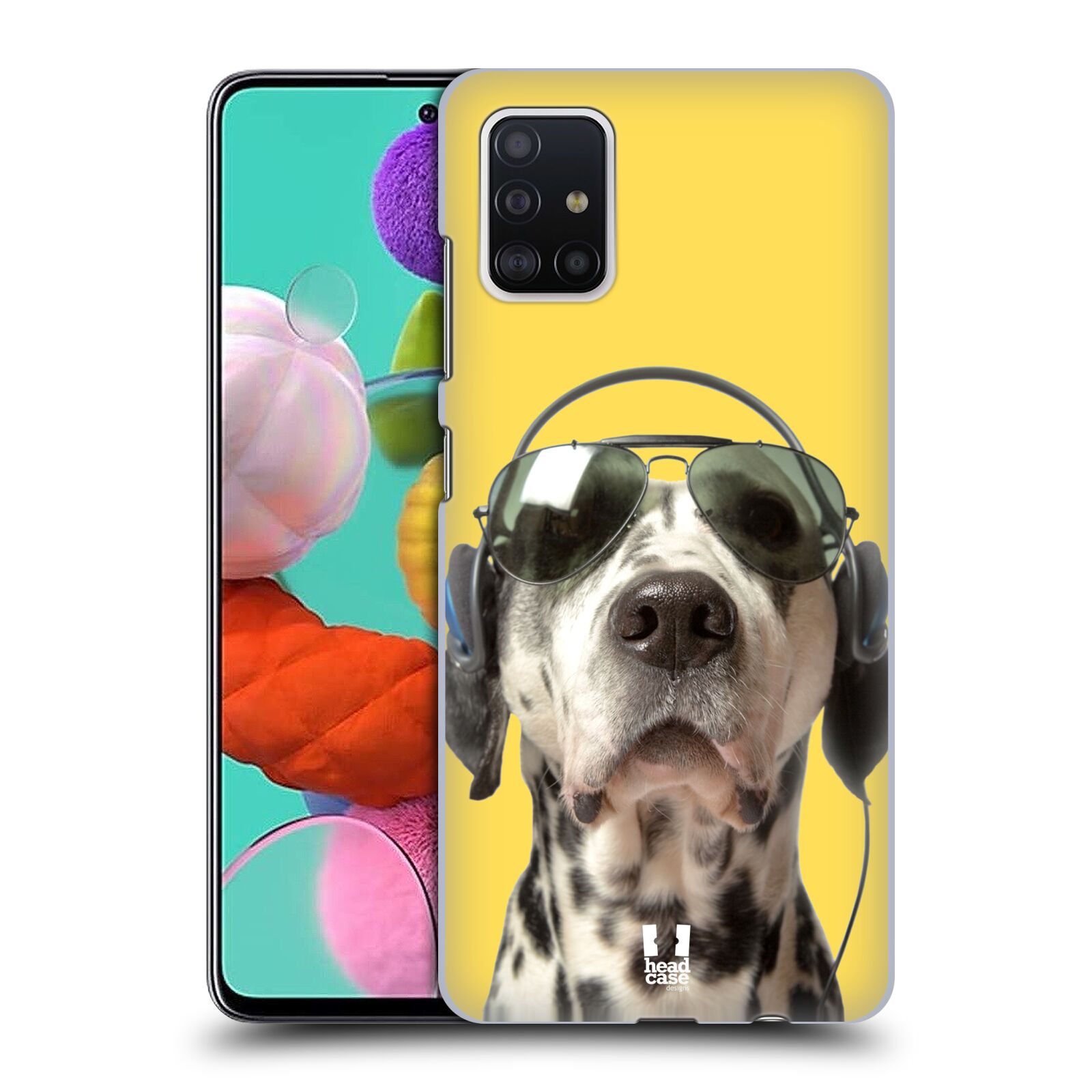 Pouzdro na mobil Samsung Galaxy A51 - HEAD CASE - vzor Legrační zvířátka dalmatin se sluchátky žlutá